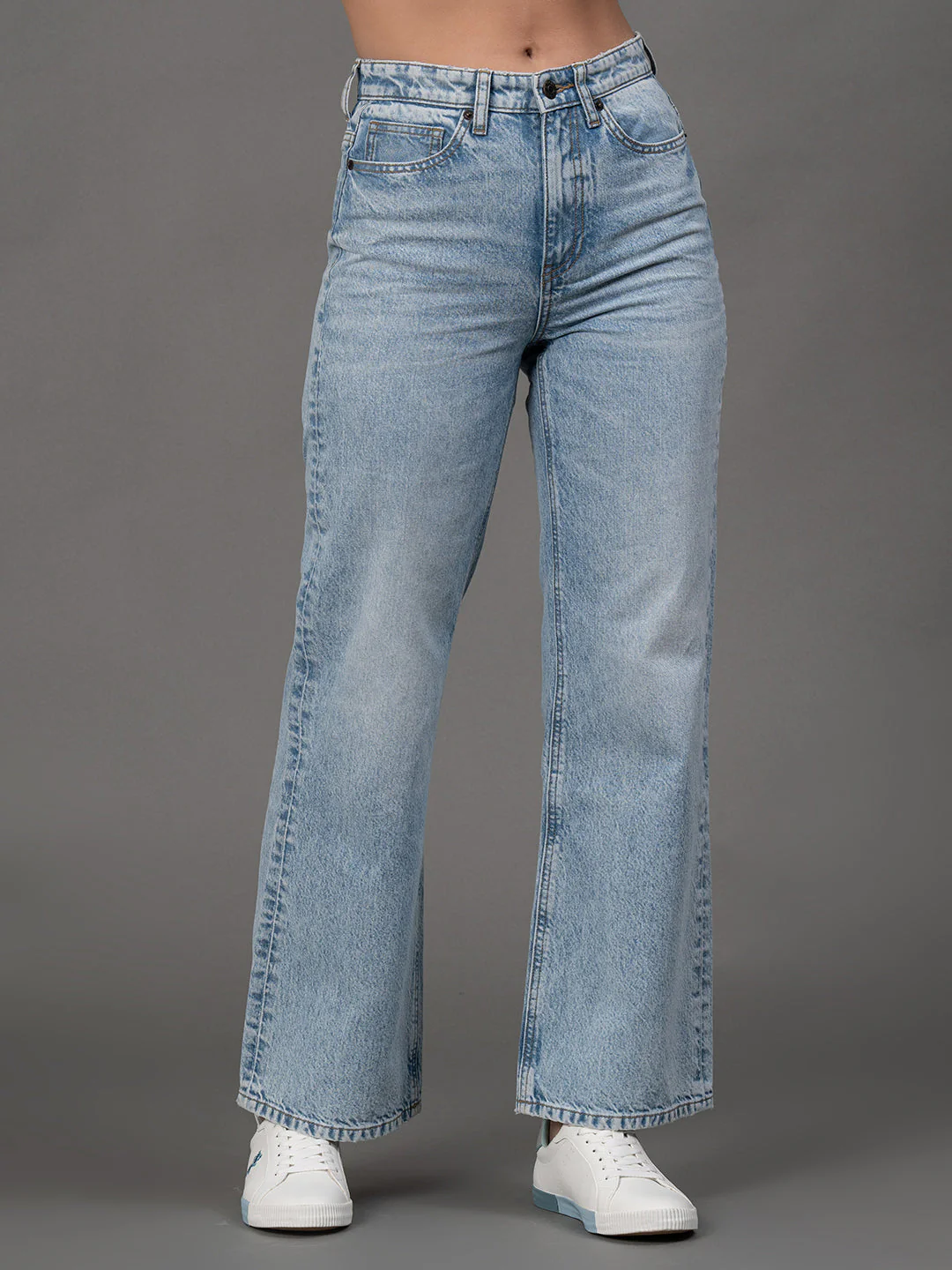 Ice Blue Solid Washed Pure Cotton Women's Wide Fit Jeans - Image 2
