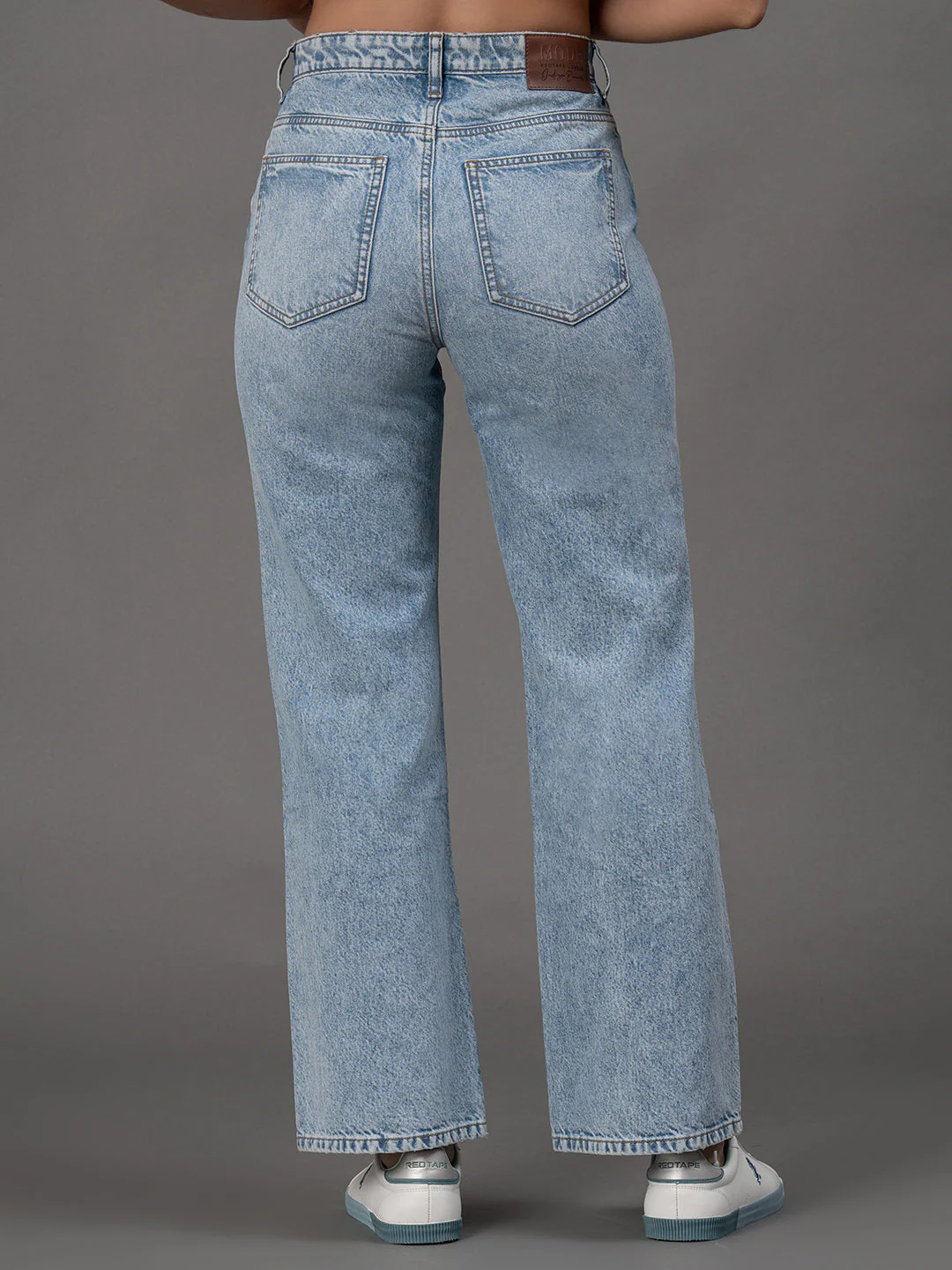Ice Blue Solid Washed Pure Cotton Women's Wide Fit Jeans - Image 3