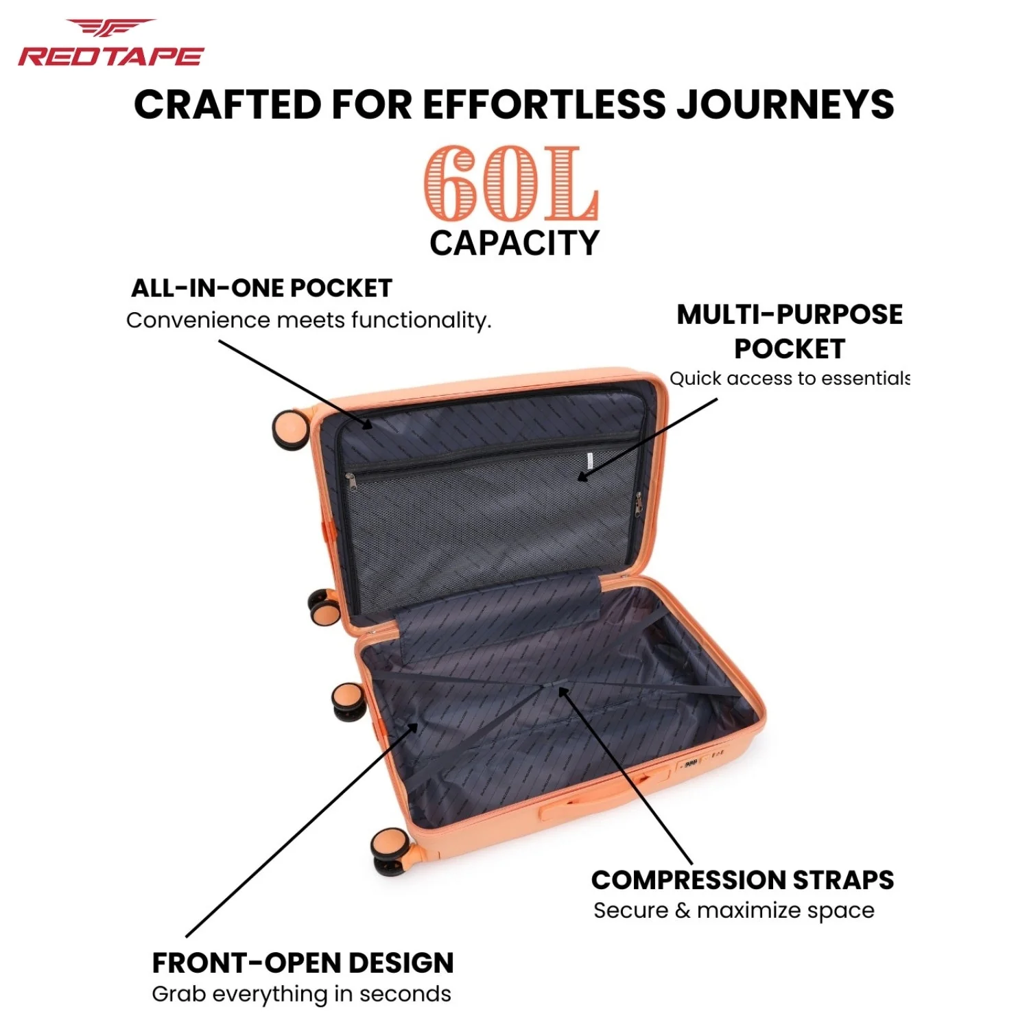 60L Polypropylene Hard Luggage Trolley Bag - Image 3