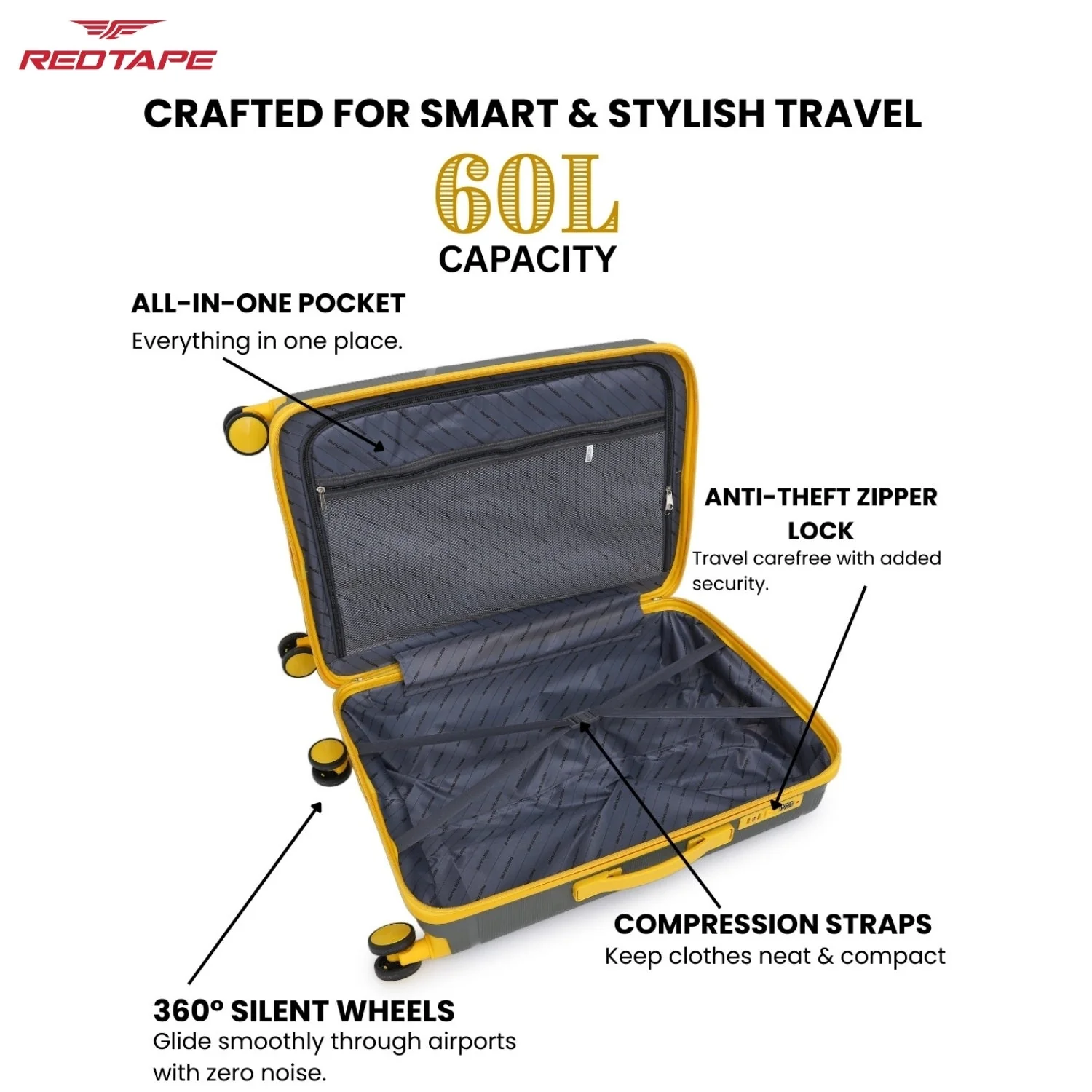 60L Polypropylene Hard Luggage Trolley Bag - Image 3