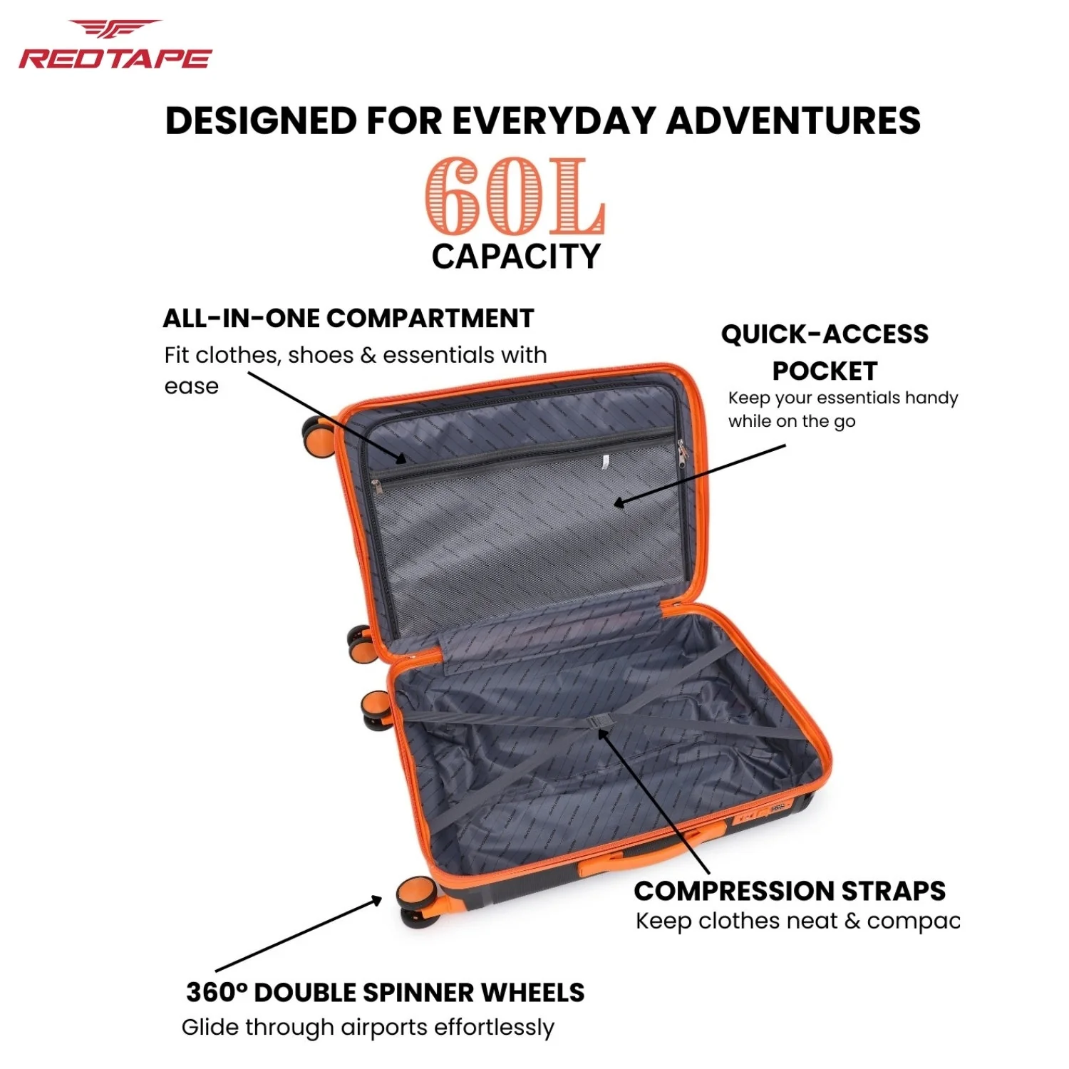 60L Polypropylene Hard Luggage Trolley Bag - Image 3