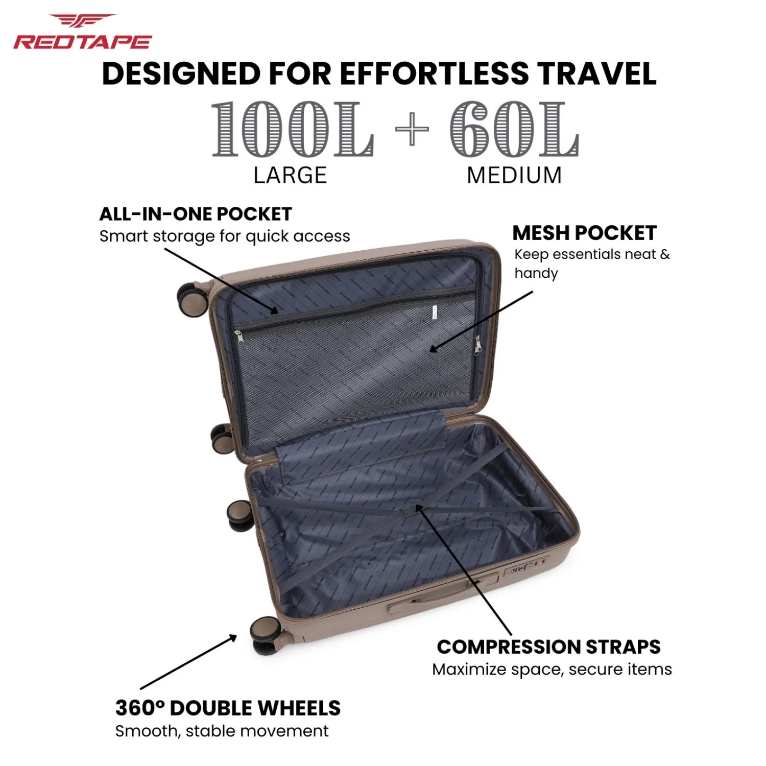 Beige 8 Wheels Trolley Bag Set of 2 (Large + Medium) - Image 3