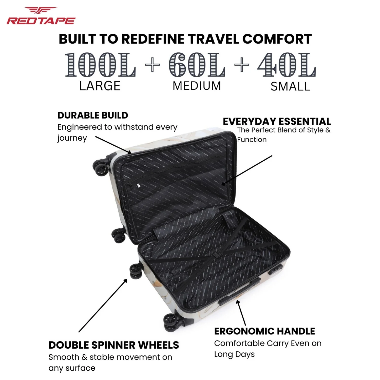Beige Print 8 Wheels Trolley Bag Set of 3 (Large + Medium + Cabin) - Image 4
