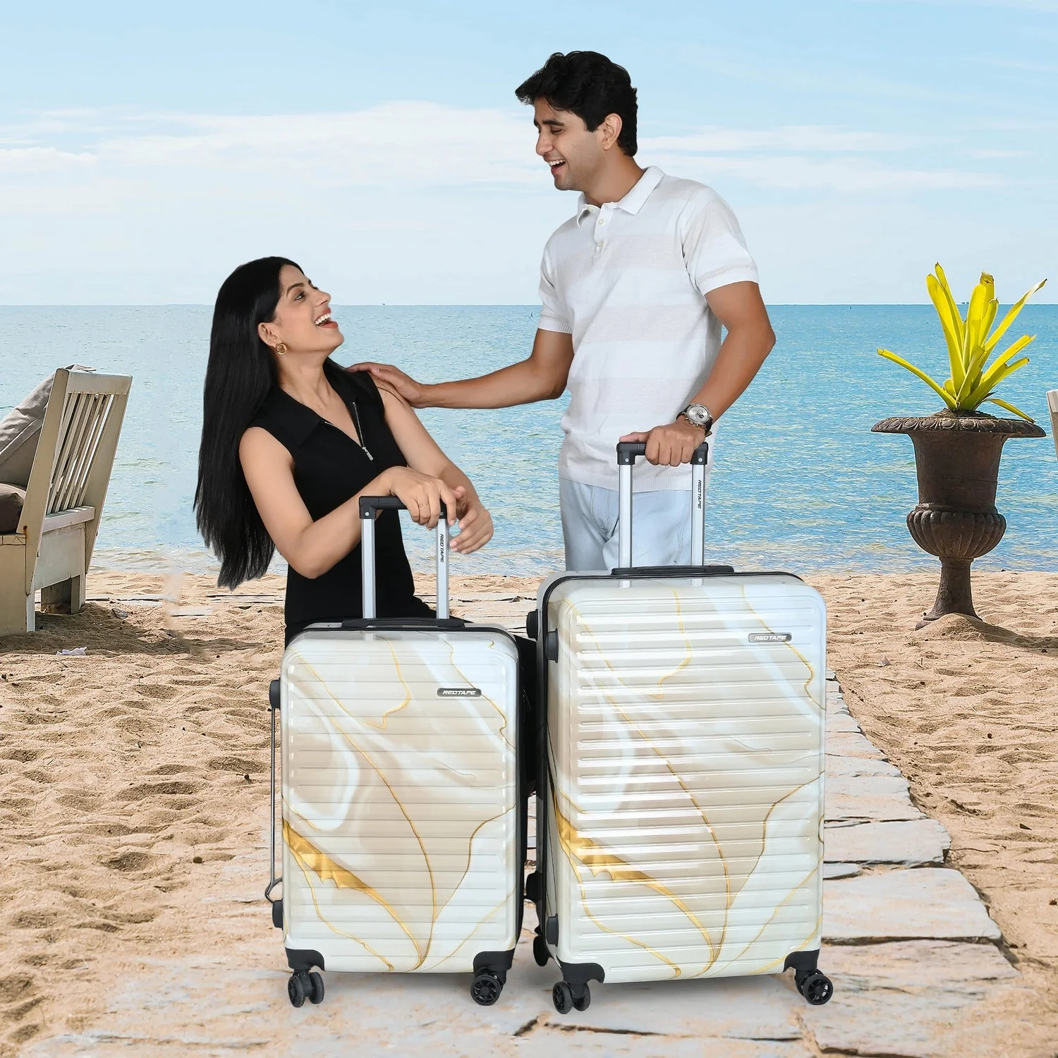 Beige Print Black 8 Wheels Trolley Bag Set of 2 (Large + Medium) - Image 10
