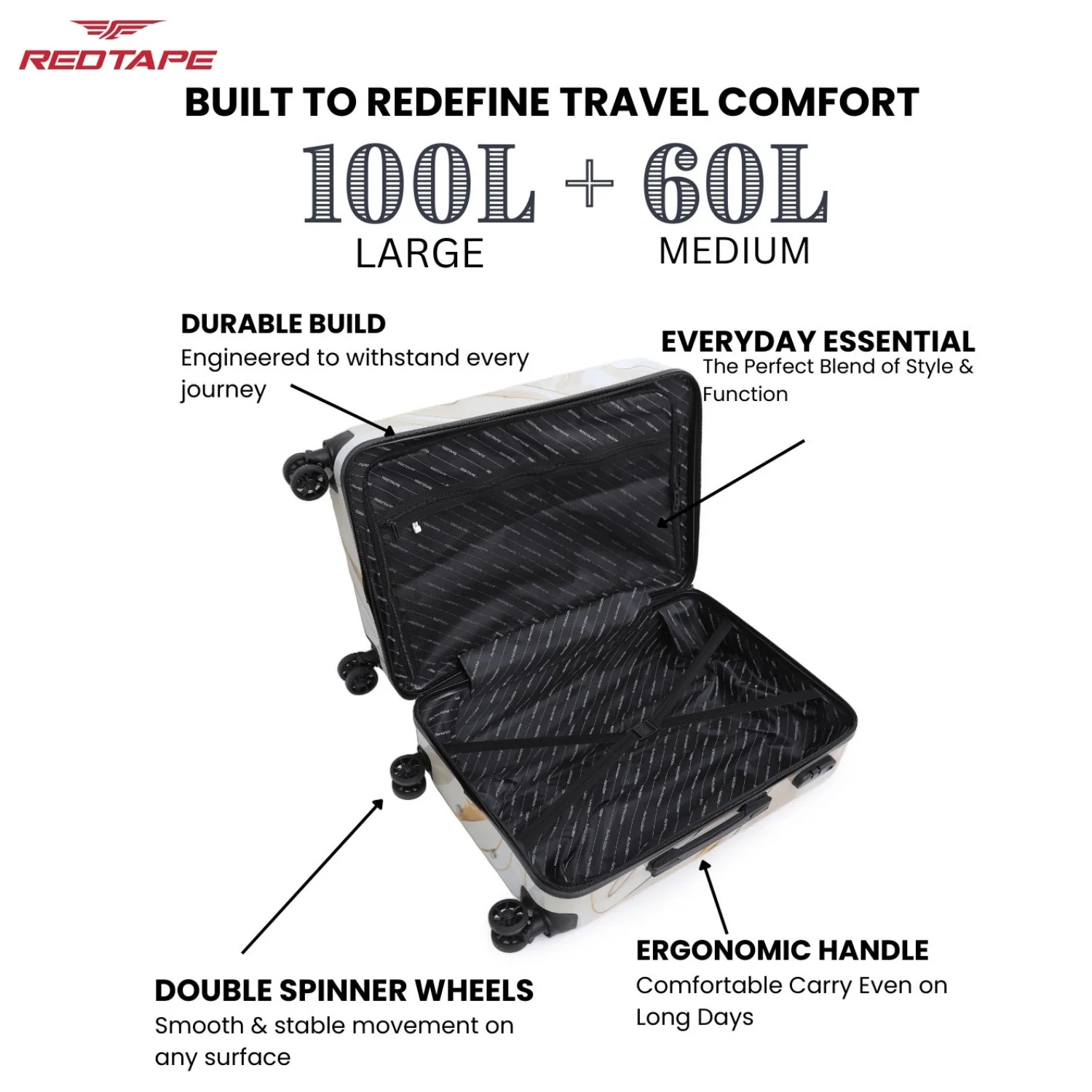 Beige Print Black 8 Wheels Trolley Bag Set of 2 (Large + Medium) - Image 4