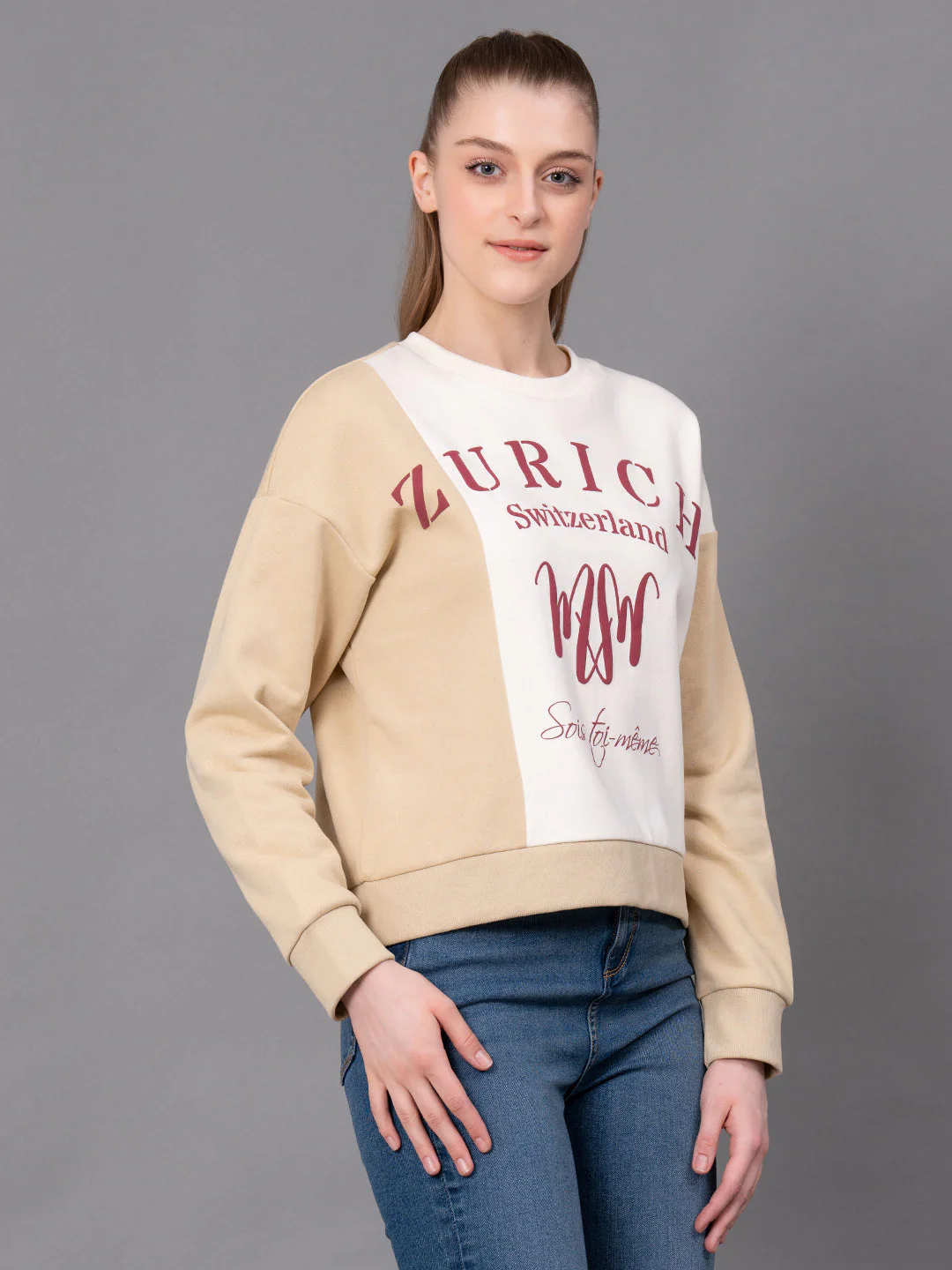 Beige Cotton Poly Fleece Graphic Print Women's Sweatshirt - Image 2