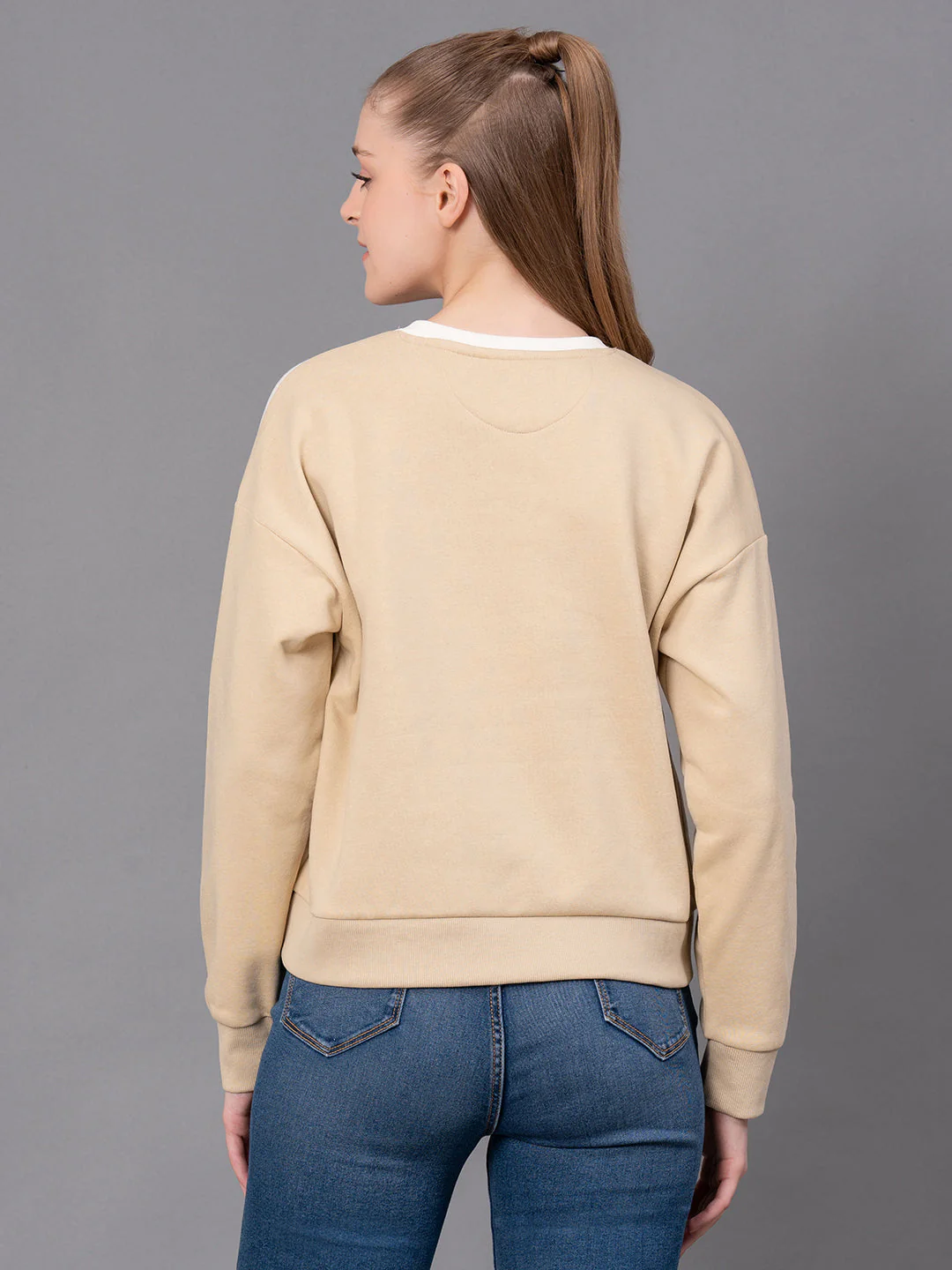 Beige Cotton Poly Fleece Graphic Print Women's Sweatshirt - Image 3
