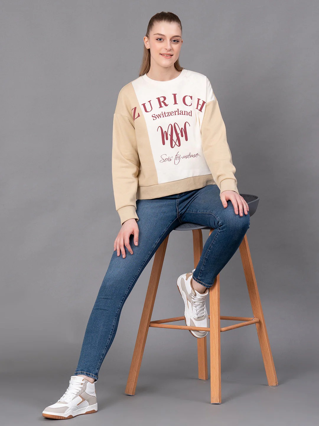 Beige Cotton Poly Fleece Graphic Print Women's Sweatshirt - Image 5