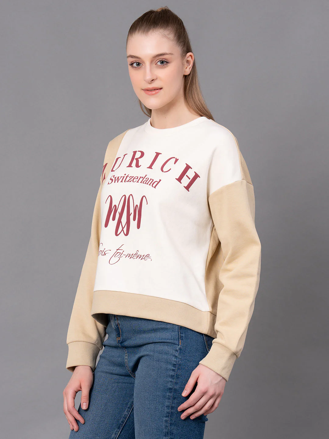 Beige Cotton Poly Fleece Graphic Print Women's Sweatshirt - Image 6