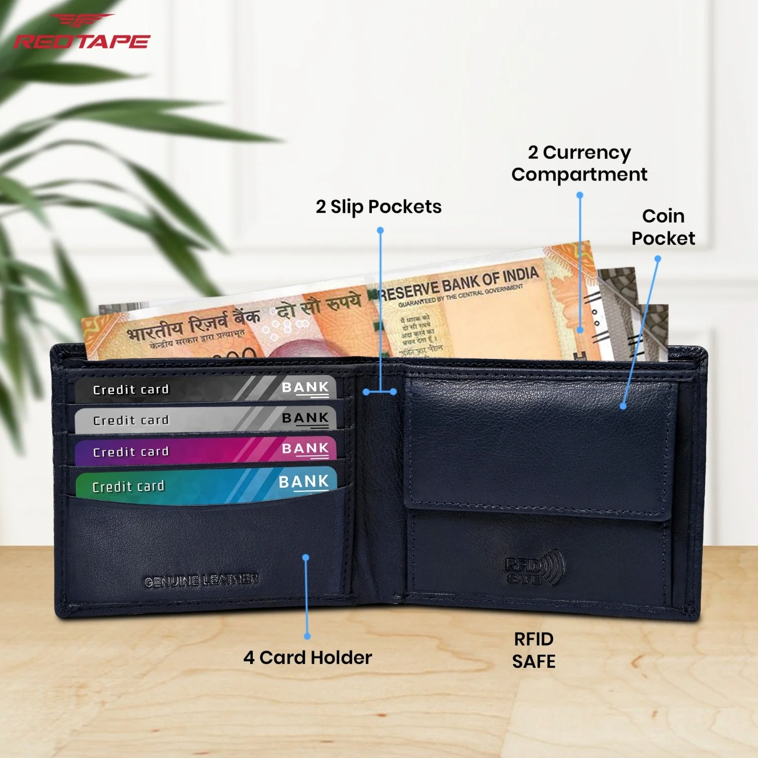 Navy RFID Leather Wallet for Men - Image 5