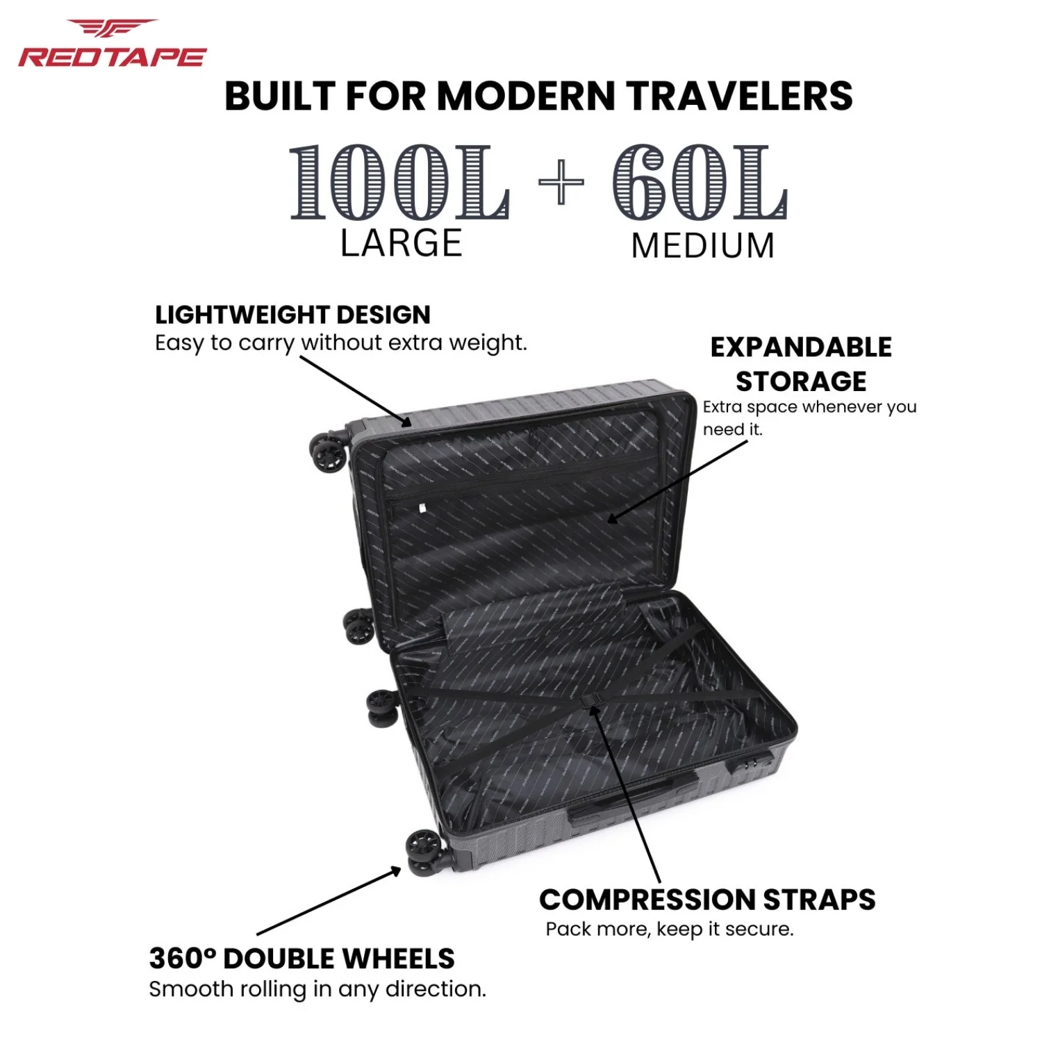 Black 8 Wheels Trolley Bag Set of 2 (Large + Medium) - Image 4