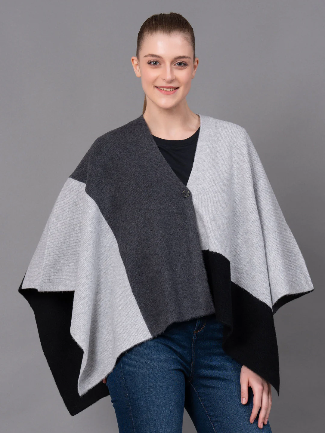 Black Acrylic Polyamide Woolen Self Design Women's Poncho - Image 2