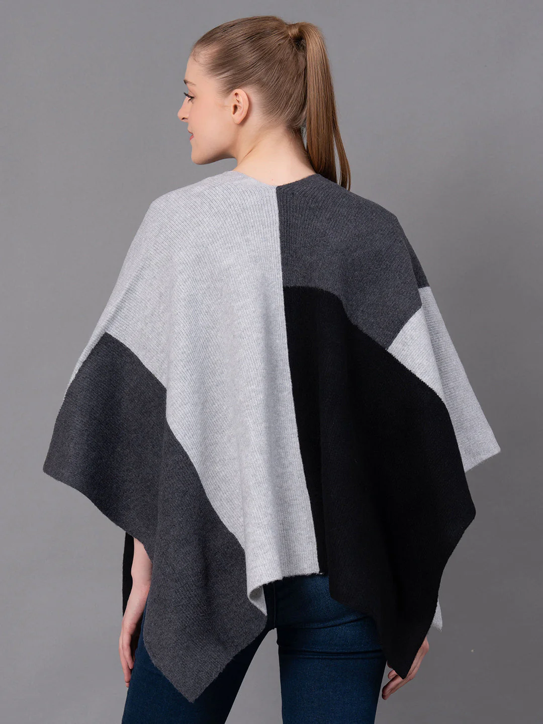 Black Acrylic Polyamide Woolen Self Design Women's Poncho - Image 3