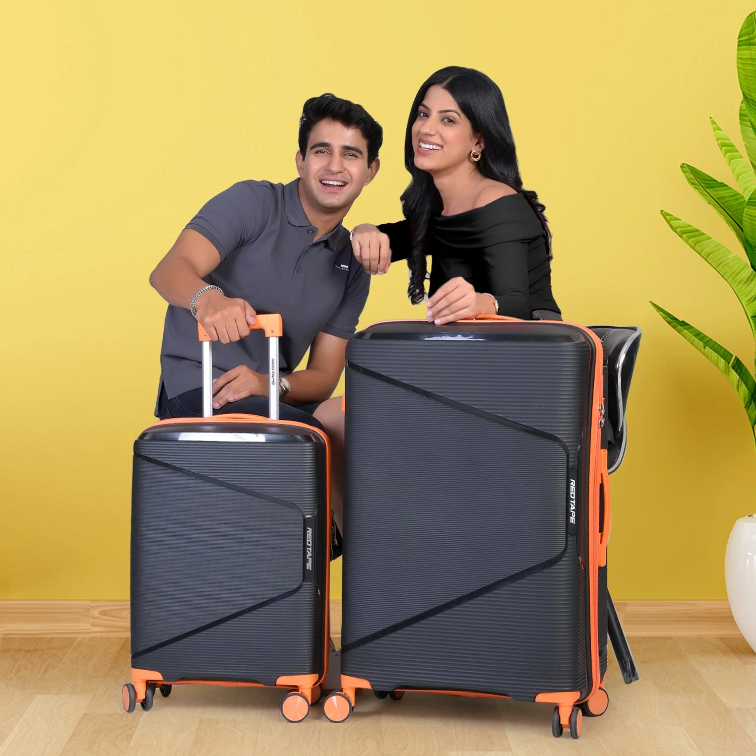 Black & Orange 8 Wheels Trolley Bag Set of 2 (Large + Cabin) - Image 8