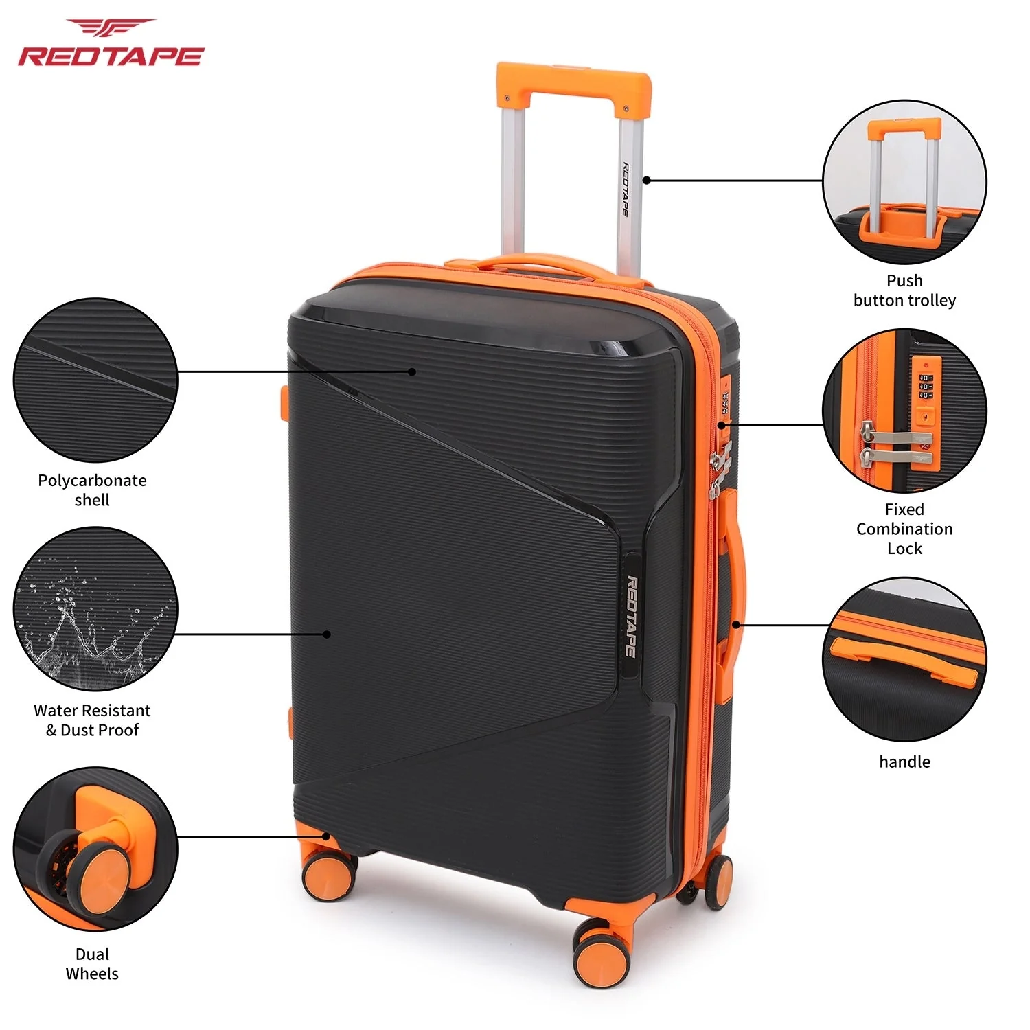 Black & Orange 8 Wheels Trolley Bag Set of 2 (Large + Medium) - Image 2