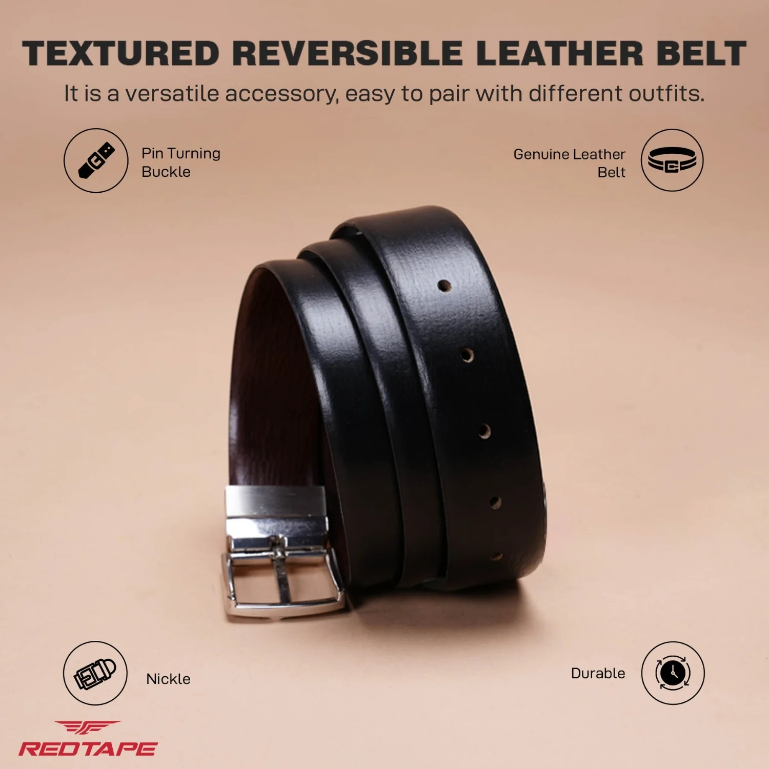 Black Brown Reversible Leather Belt for Men - Image 4