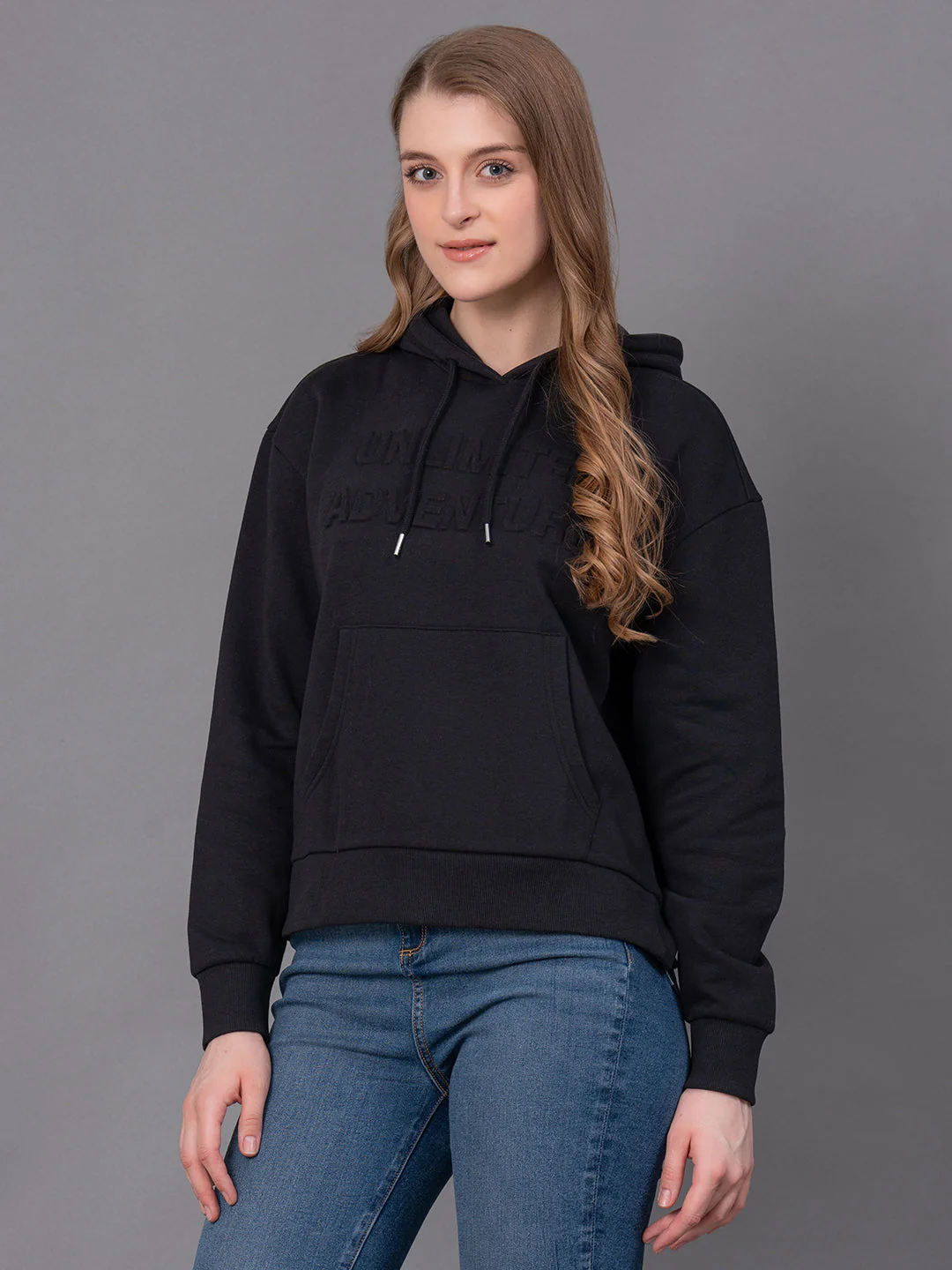 Black Cotton Poly Fleece Embossed Women's Hoodie - Image 6