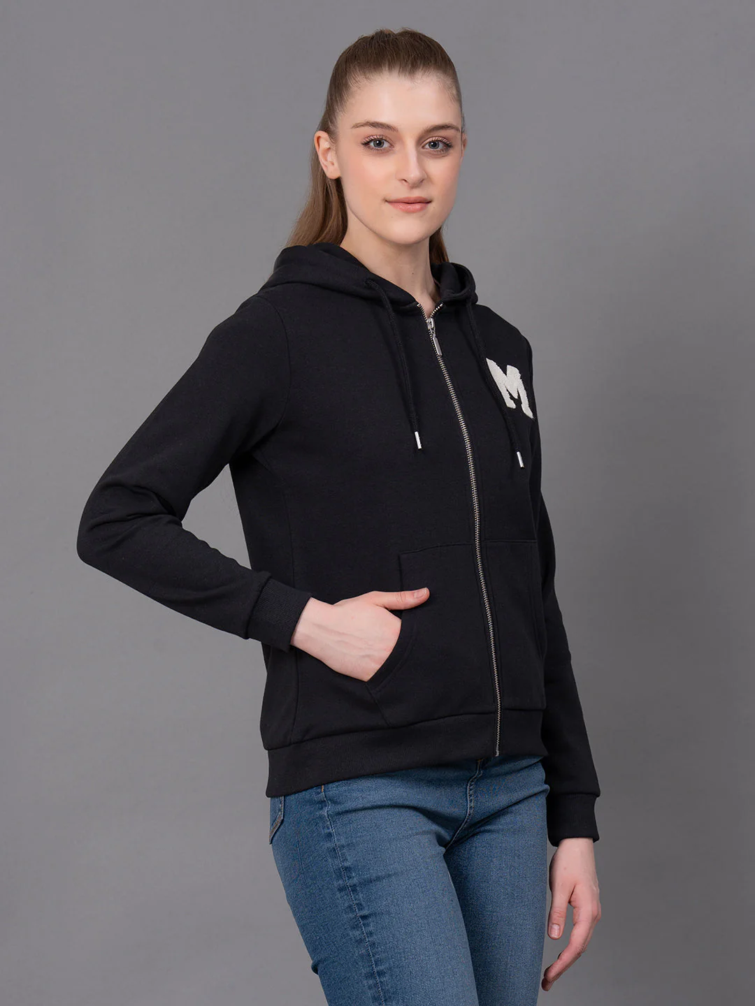 Black Embroidered Cotton Poly Fleece Women's Hoodie - Image 2