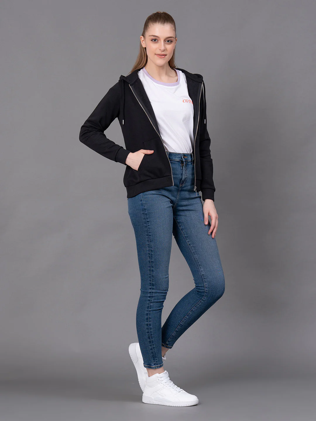 Black Embroidered Cotton Poly Fleece Women's Hoodie - Image 5