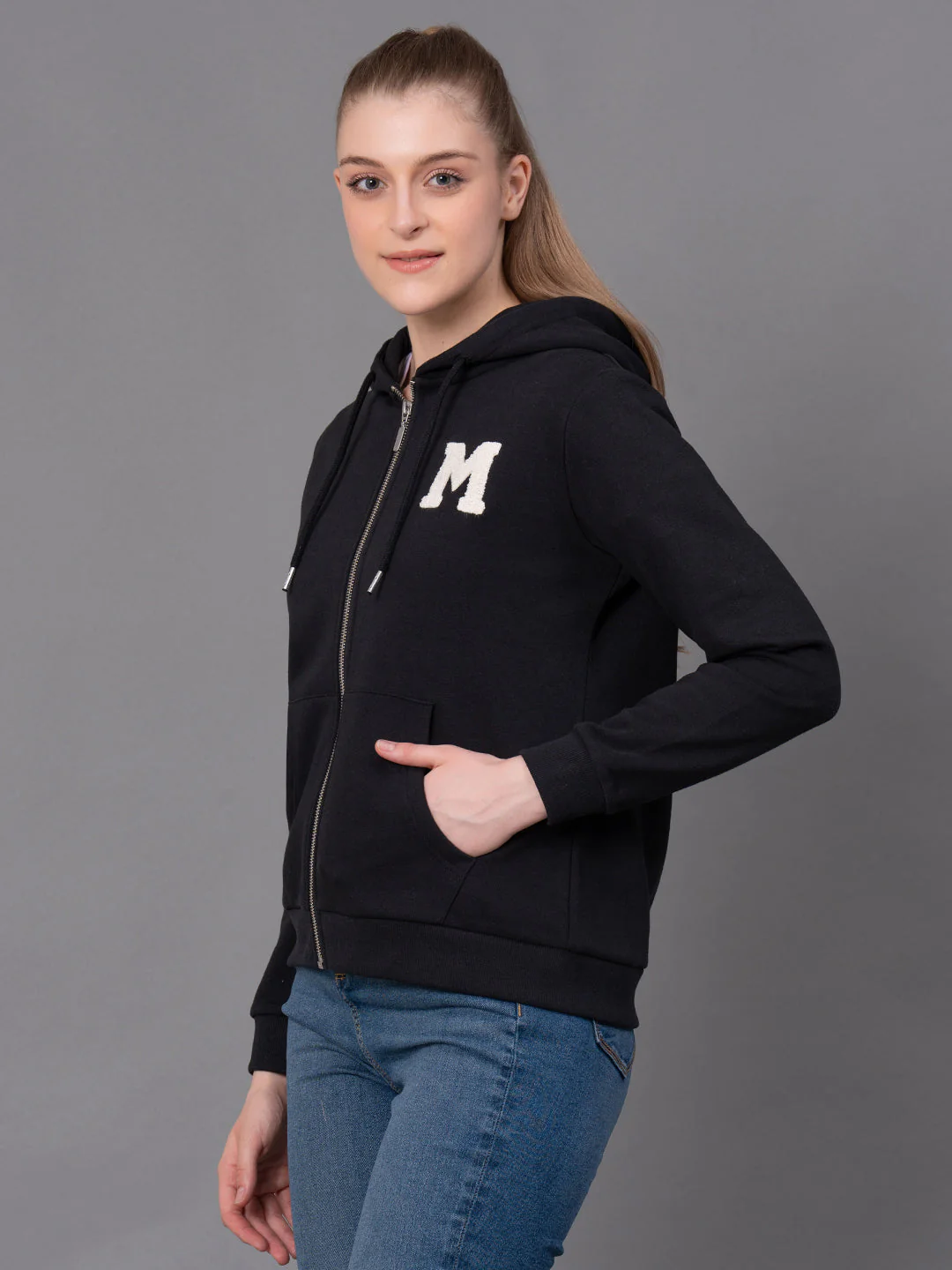 Black Embroidered Cotton Poly Fleece Women's Hoodie - Image 6
