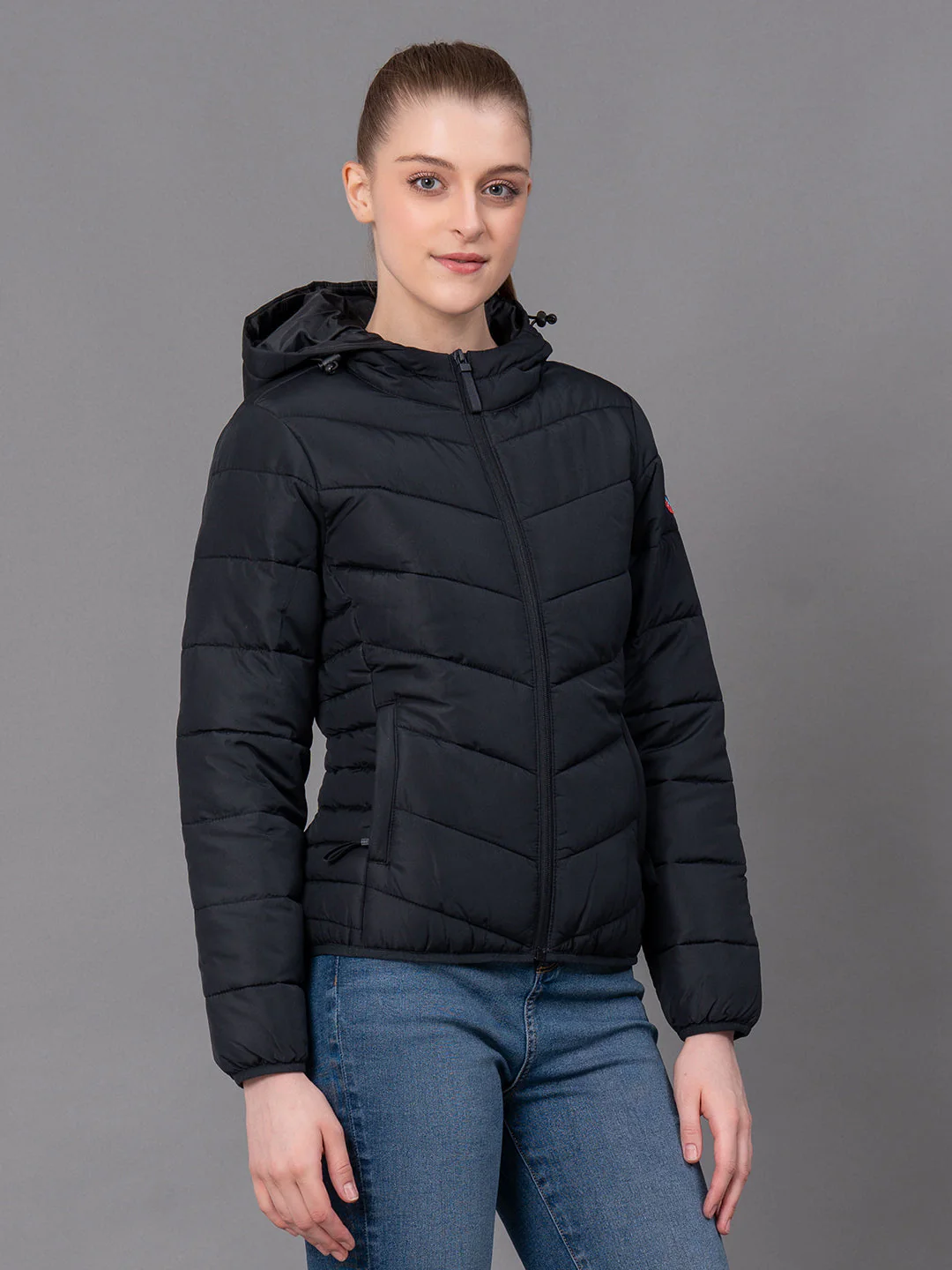 Black Polyester Solid Women's Padded Jacket - Image 2
