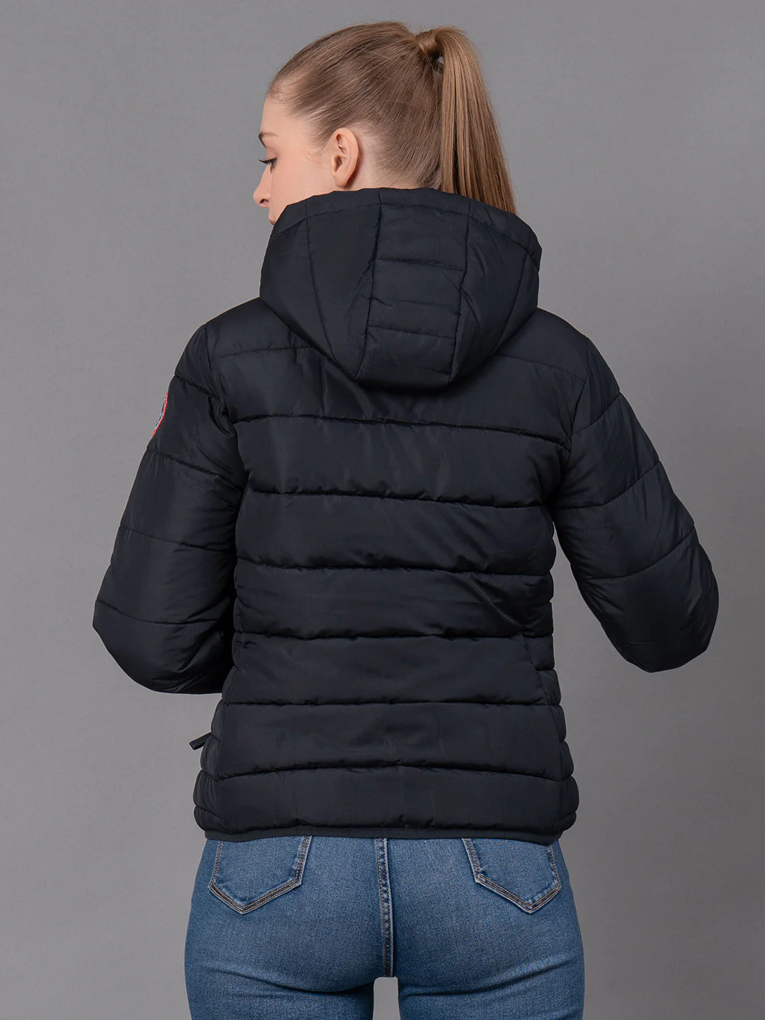 Black Polyester Solid Women's Padded Jacket - Image 3