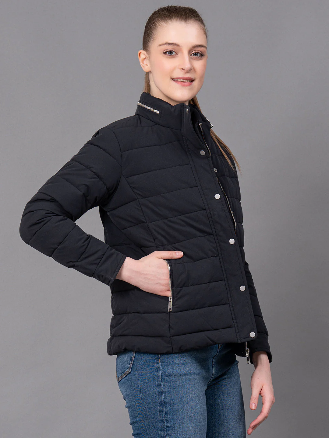 Black Polyester Solid Women's Padded Jacket - Image 2