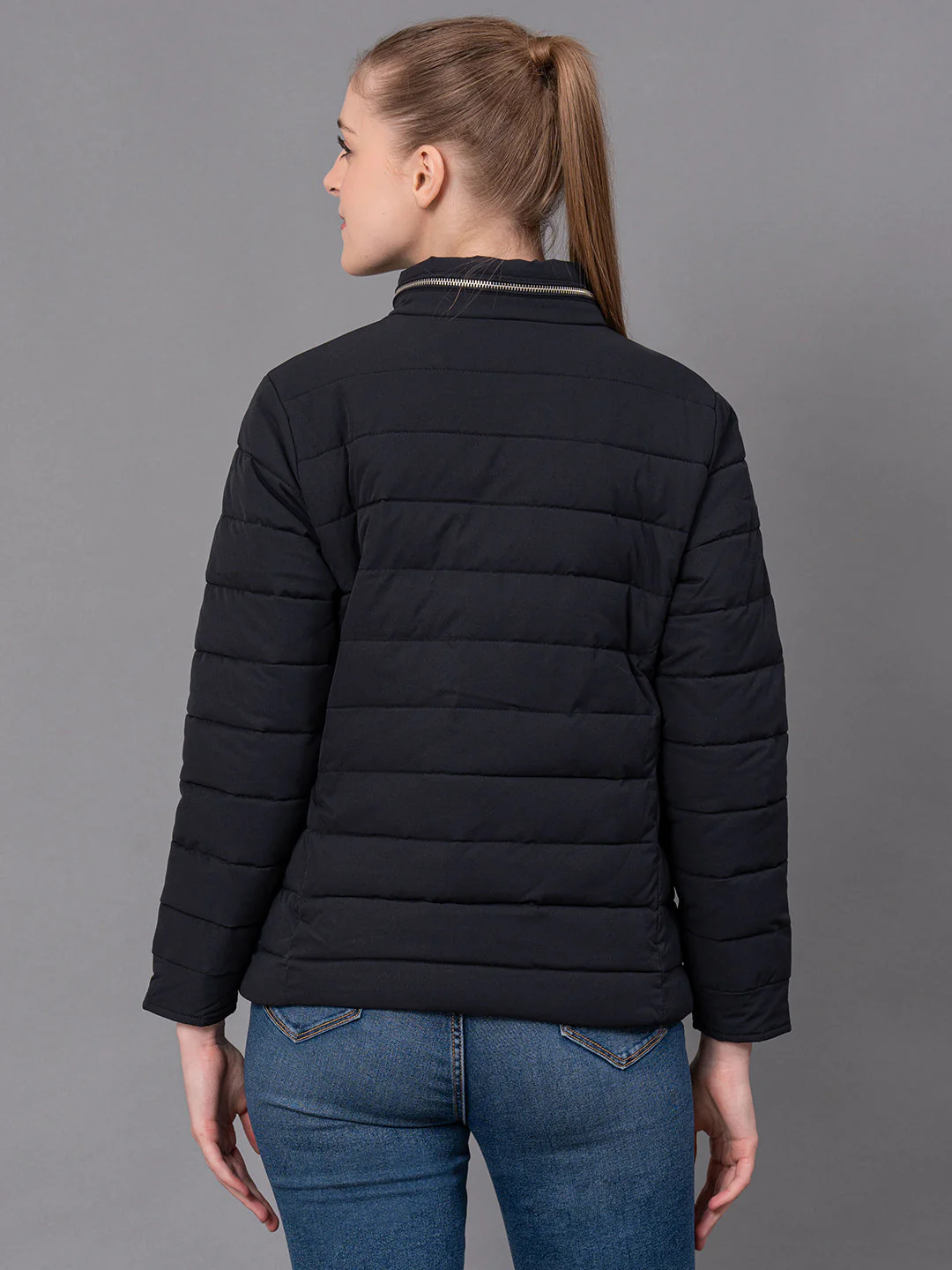 Black Polyester Solid Women's Padded Jacket - Image 3