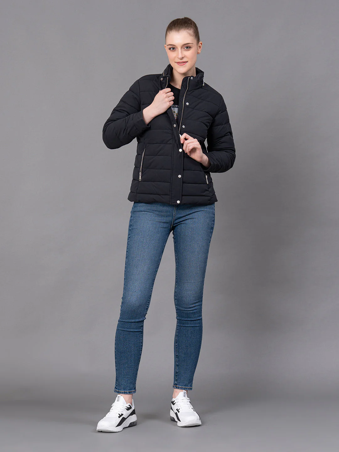 Black Polyester Solid Women's Padded Jacket - Image 5