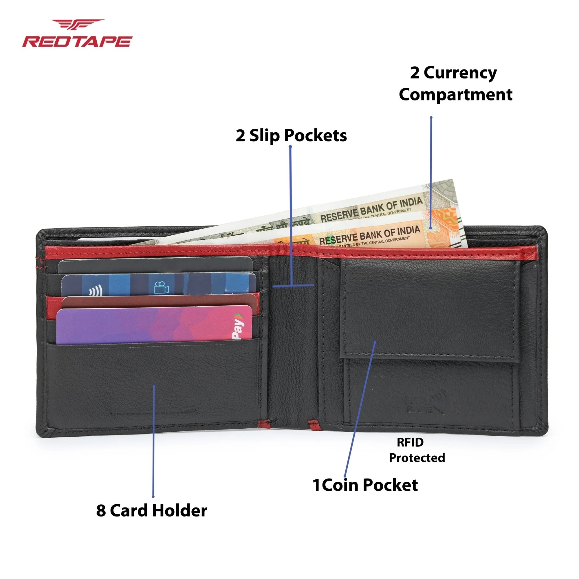 Black Red Genuine Leather RFID Wallet for Men - Image 5