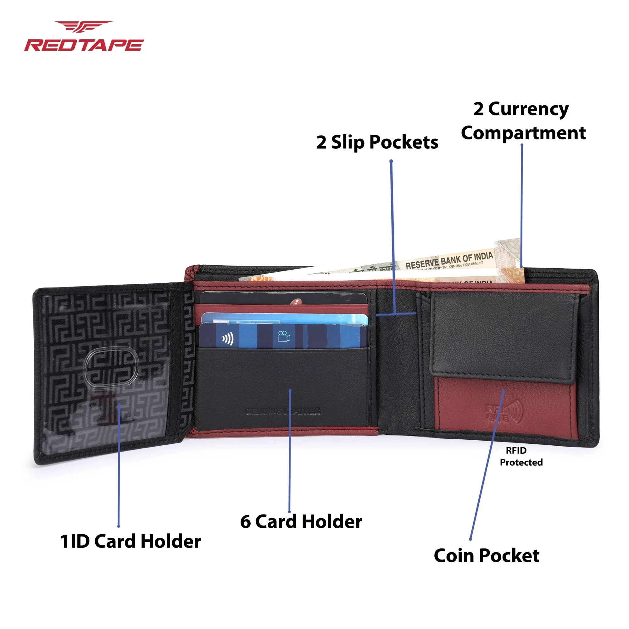 Black Red Genuine Leather Wallet for Men - Image 5