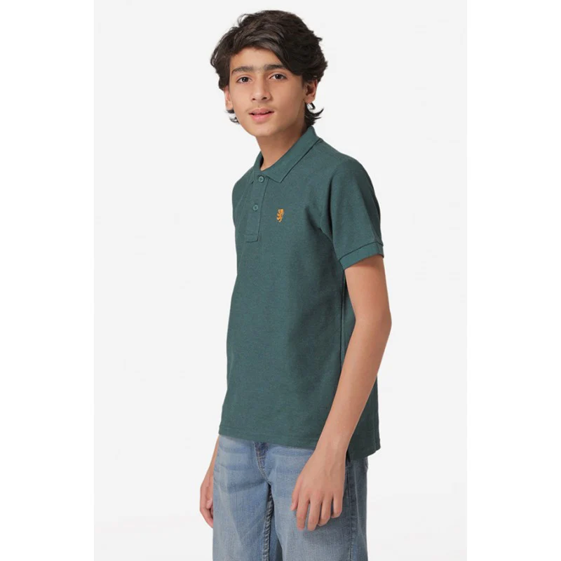 Boy's Green Melange Collar Neck T-Shirt - Image 2