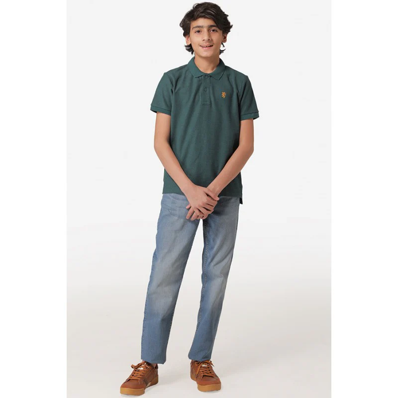 Boy's Green Melange Collar Neck T-Shirt - Image 4