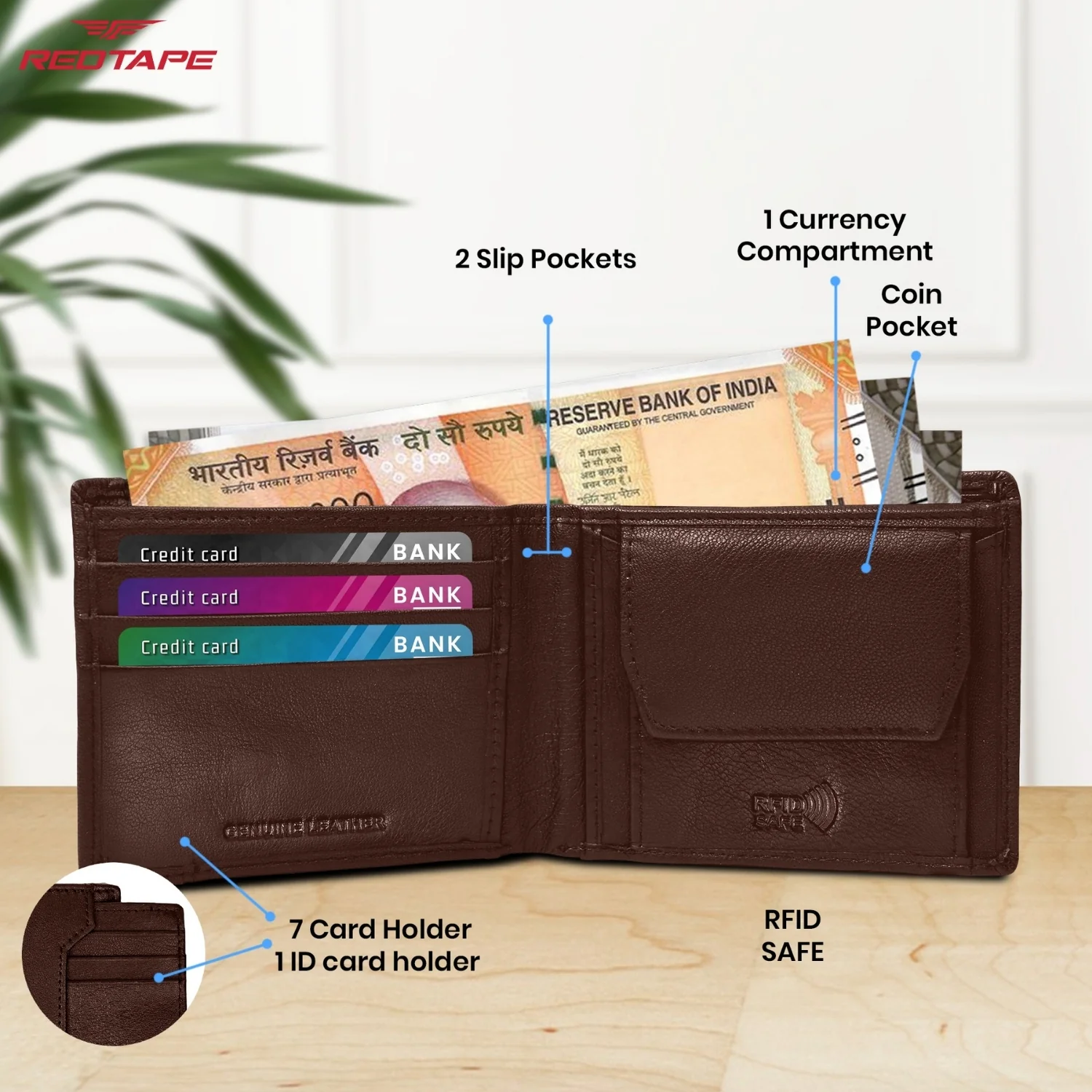 Brown Men's Bifold Leather Wallet with RFID Blocking Protection - Image 5