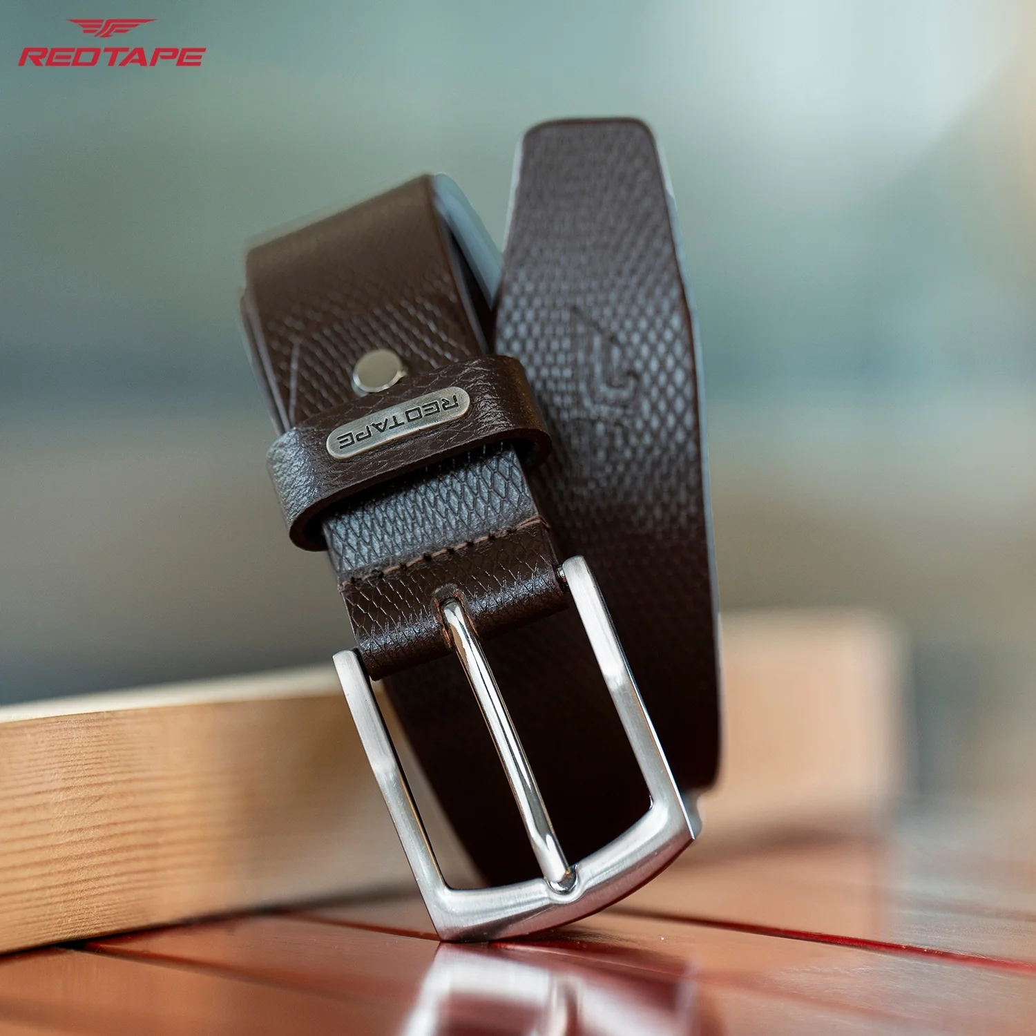 Brown Textured Leather Belt for Men - Image 3