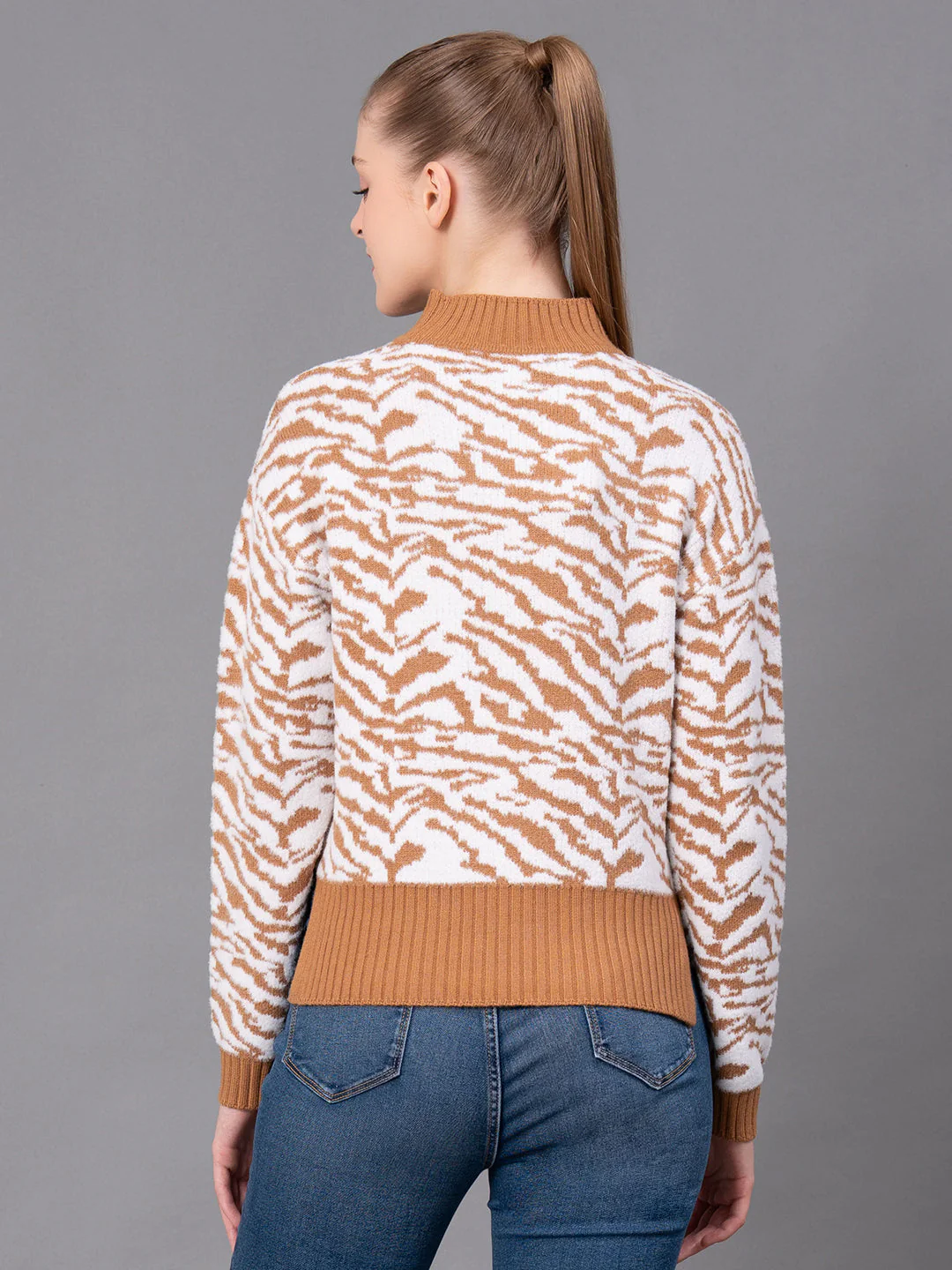Caramel Nylon Feather Self Design Women's Sweater - Image 3