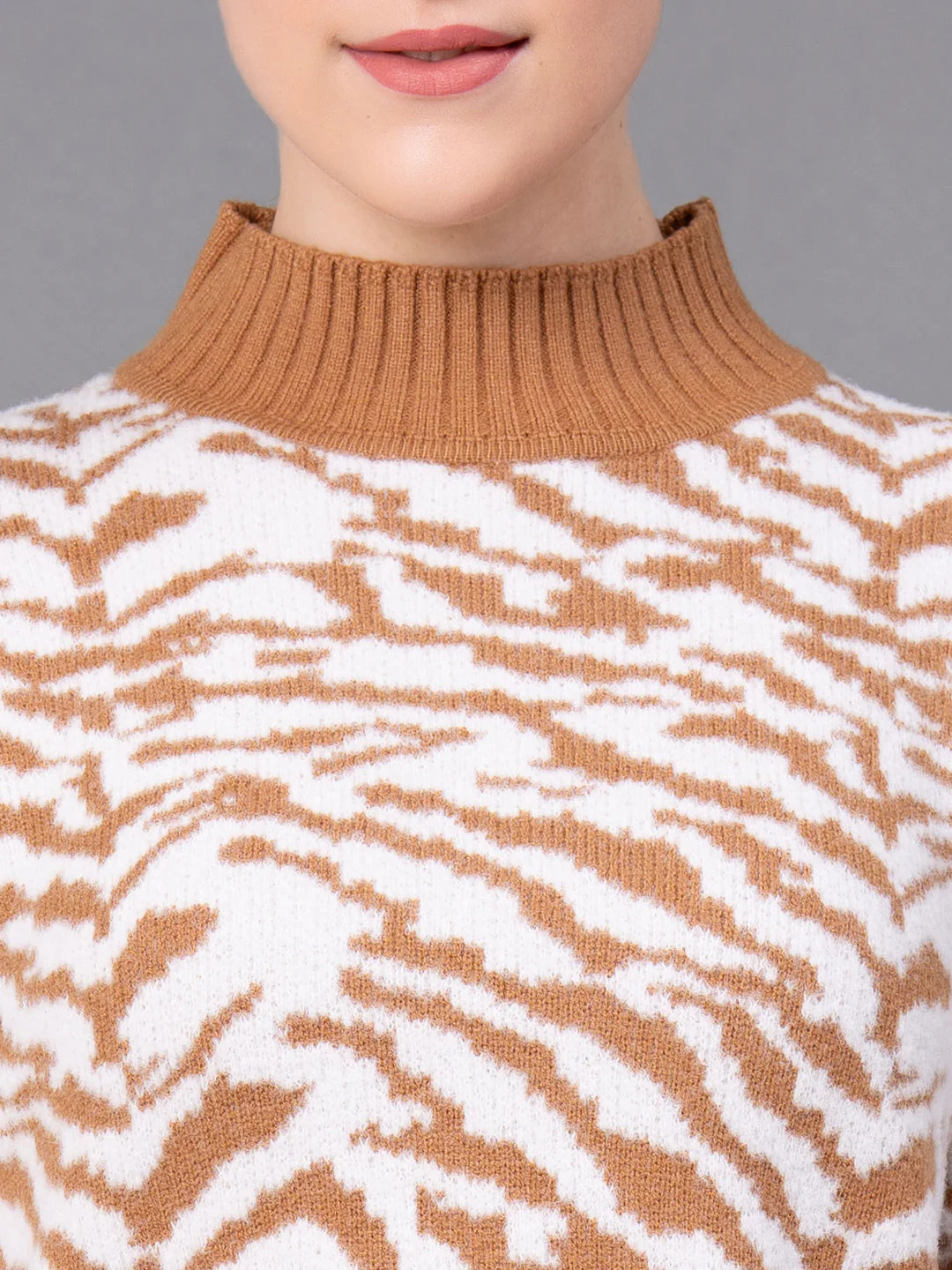 Caramel Nylon Feather Self Design Women's Sweater - Image 4