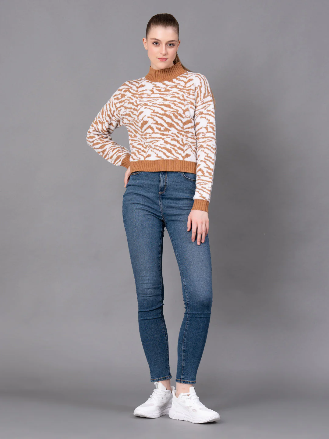 Caramel Nylon Feather Self Design Women's Sweater - Image 5