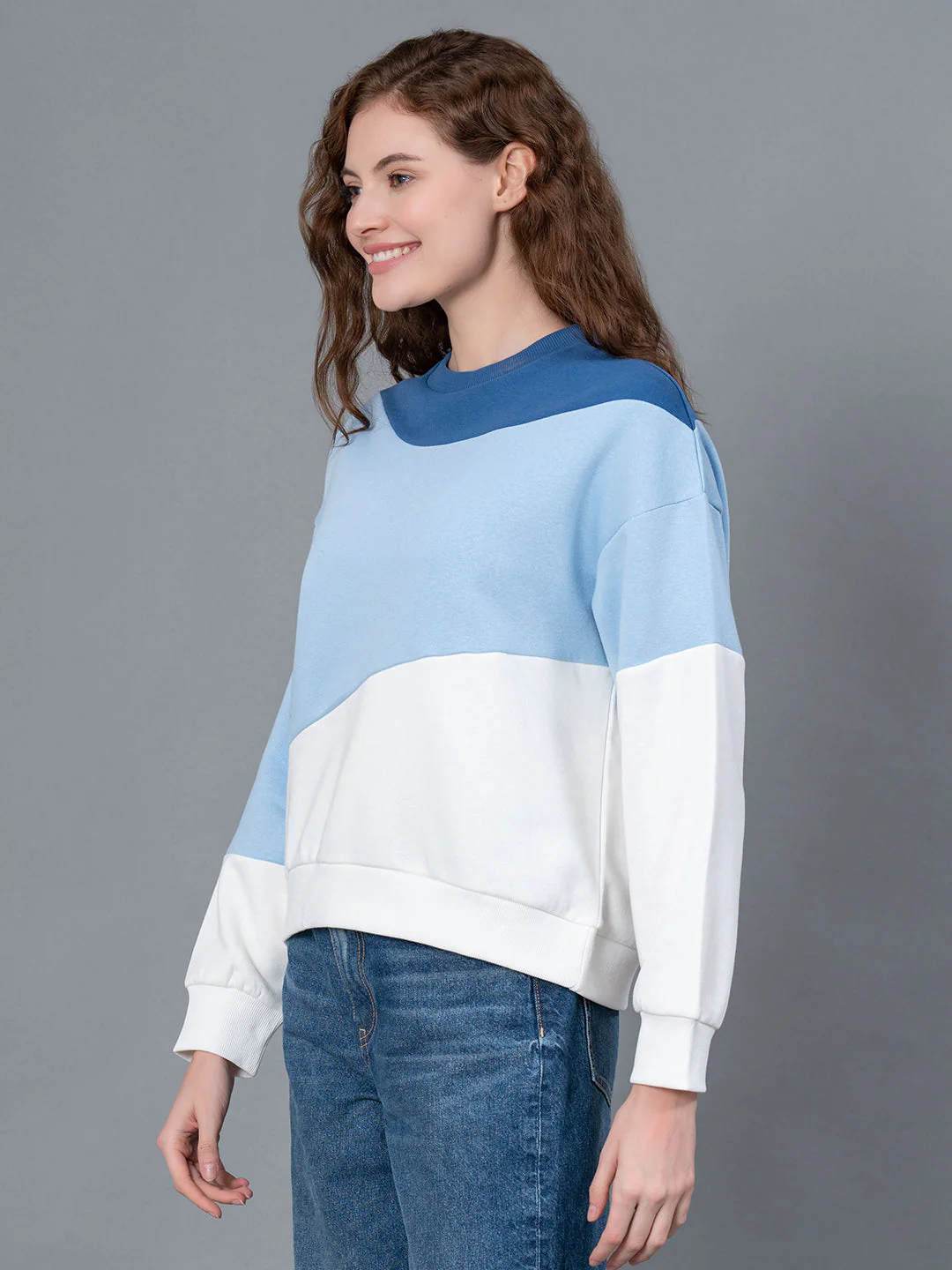 Dark Blue Color Blocked Cotton Poly Fleece Women's Sweatshirt - Image 2