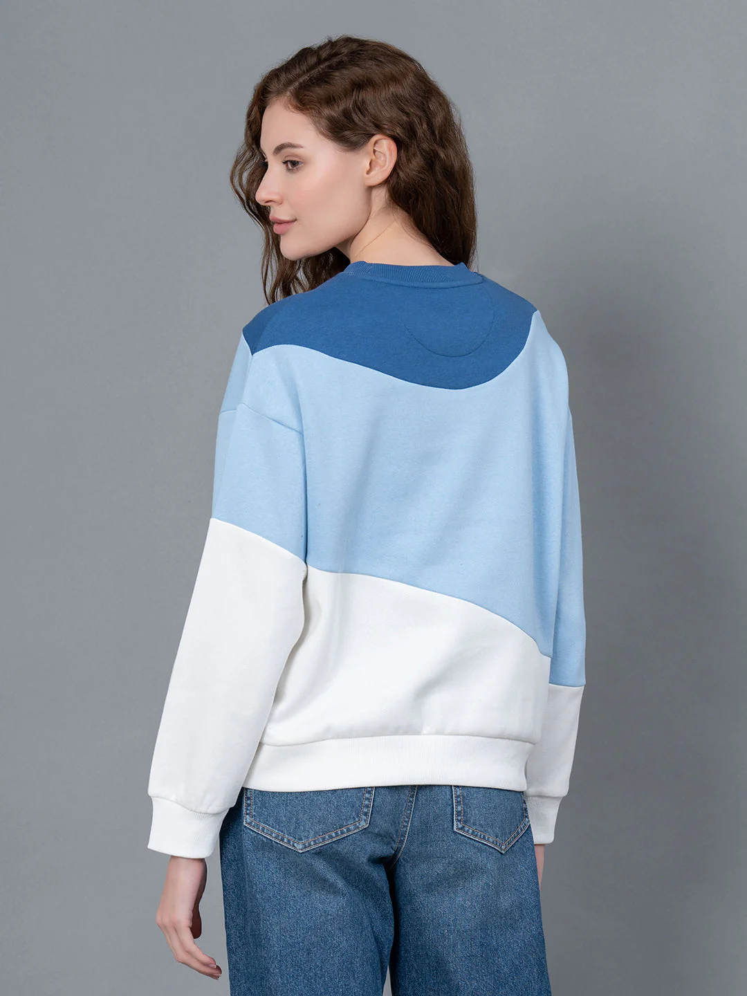 Dark Blue Color Blocked Cotton Poly Fleece Women's Sweatshirt - Image 3