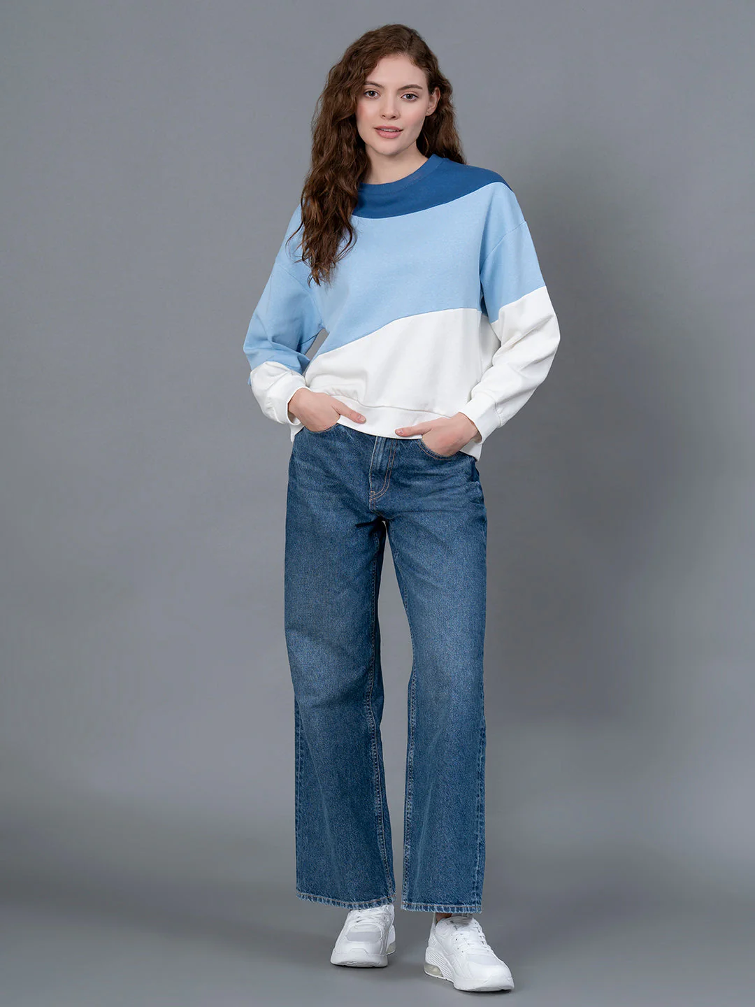 Dark Blue Color Blocked Cotton Poly Fleece Women's Sweatshirt - Image 5