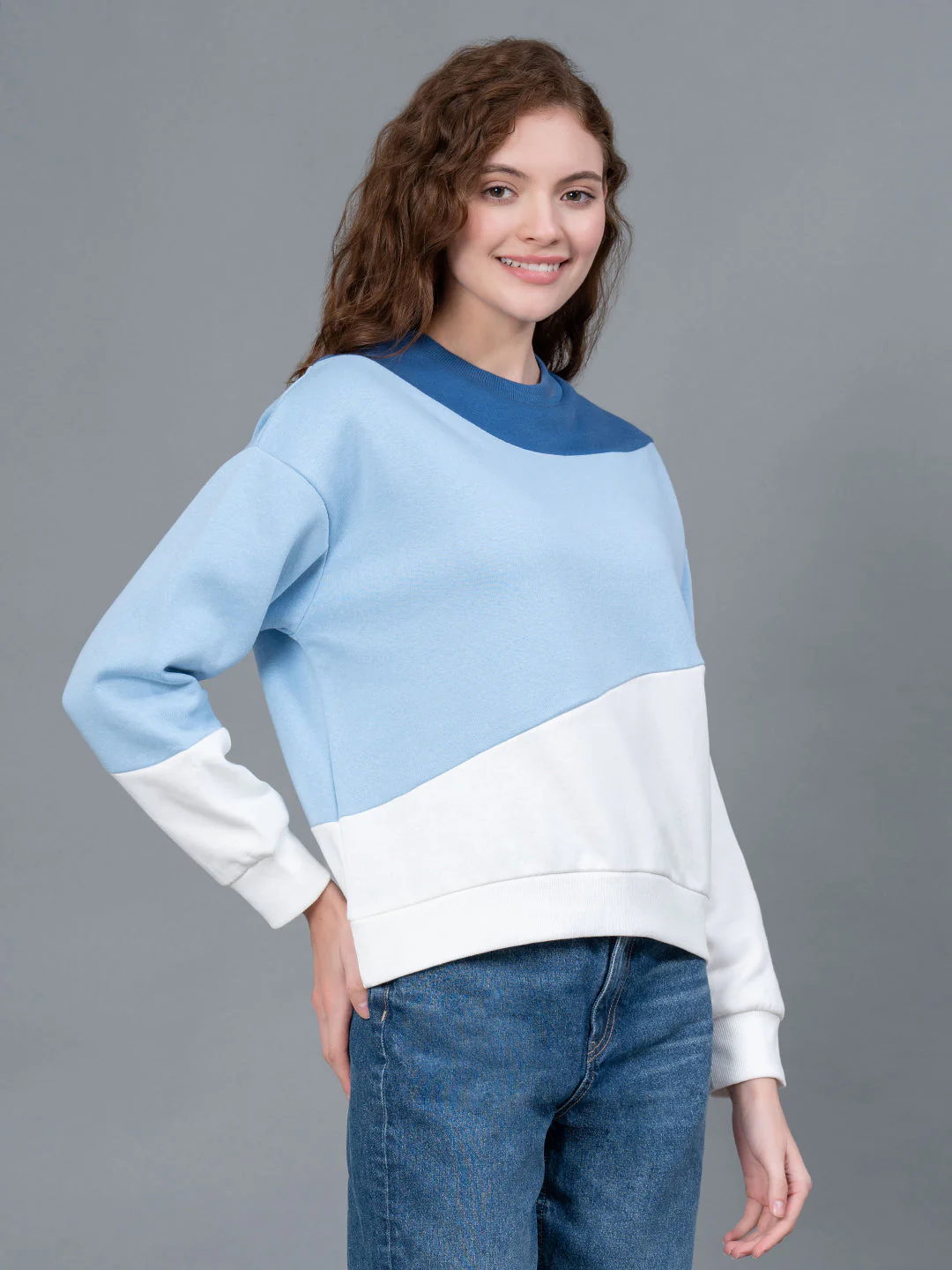 Dark Blue Color Blocked Cotton Poly Fleece Women's Sweatshirt - Image 6