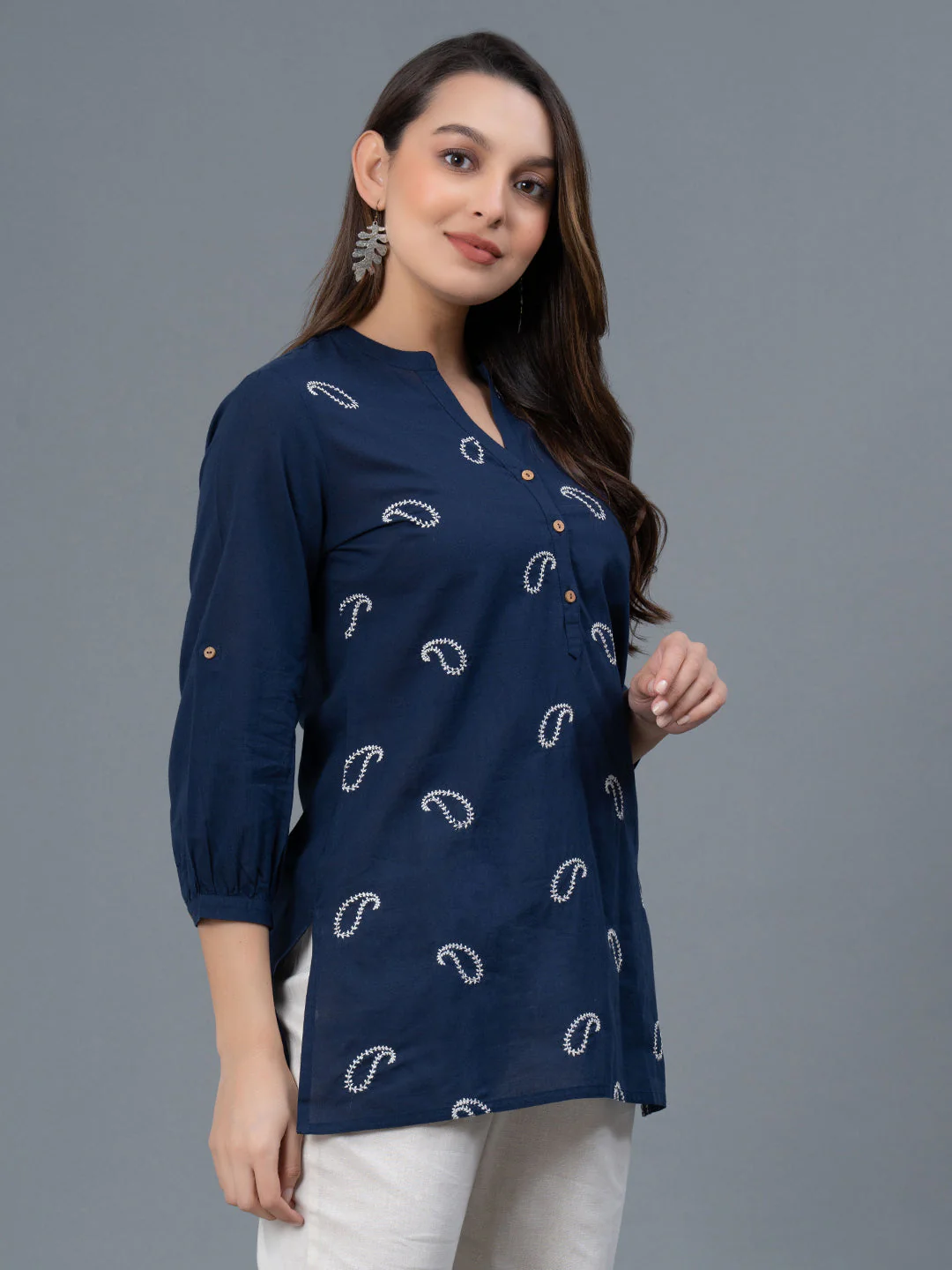 Dark Blue Embroidered Cotton Women's Blouse Top - Image 2