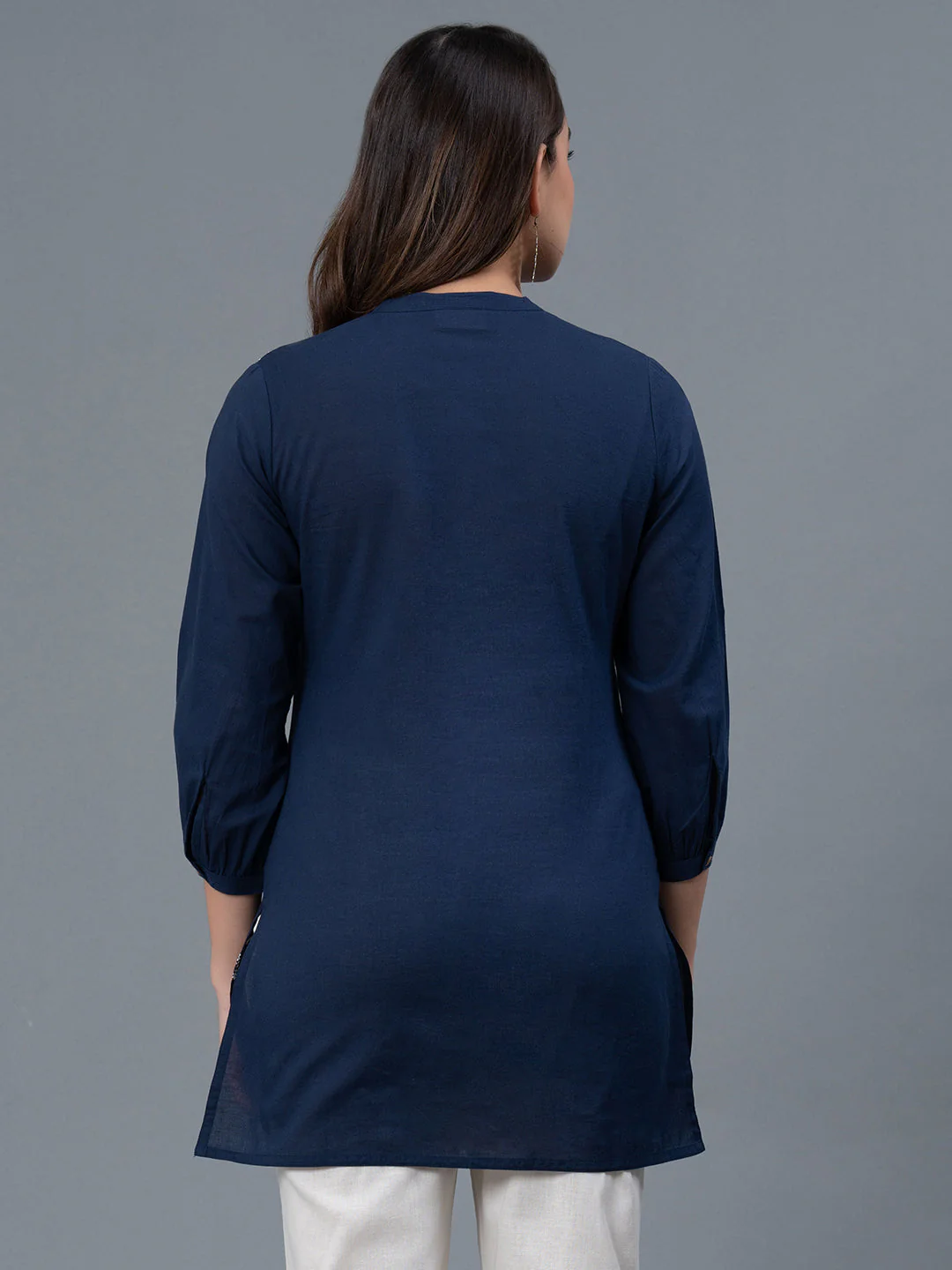 Dark Blue Embroidered Cotton Women's Blouse Top - Image 3