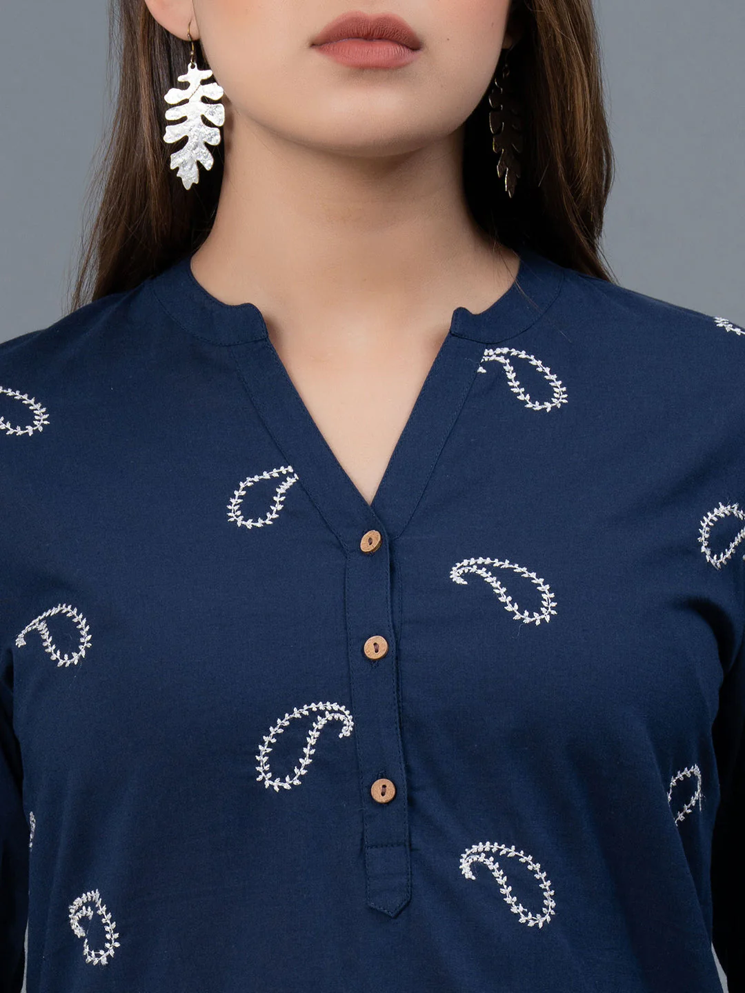 Dark Blue Embroidered Cotton Women's Blouse Top - Image 4