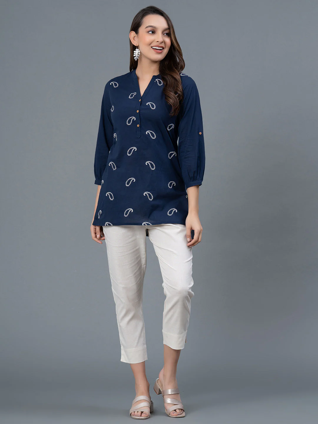 Dark Blue Embroidered Cotton Women's Blouse Top - Image 5