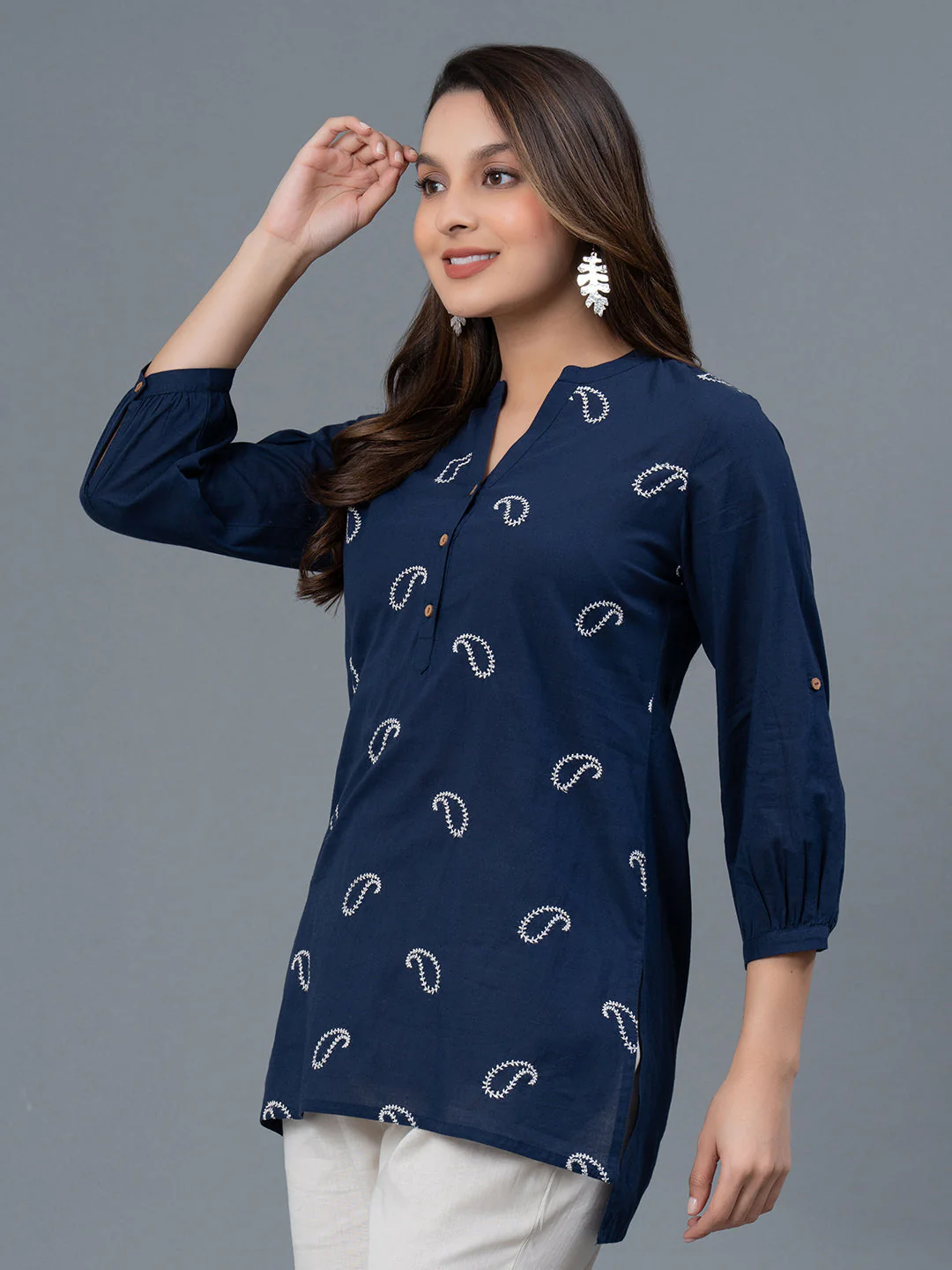 Dark Blue Embroidered Cotton Women's Blouse Top - Image 6