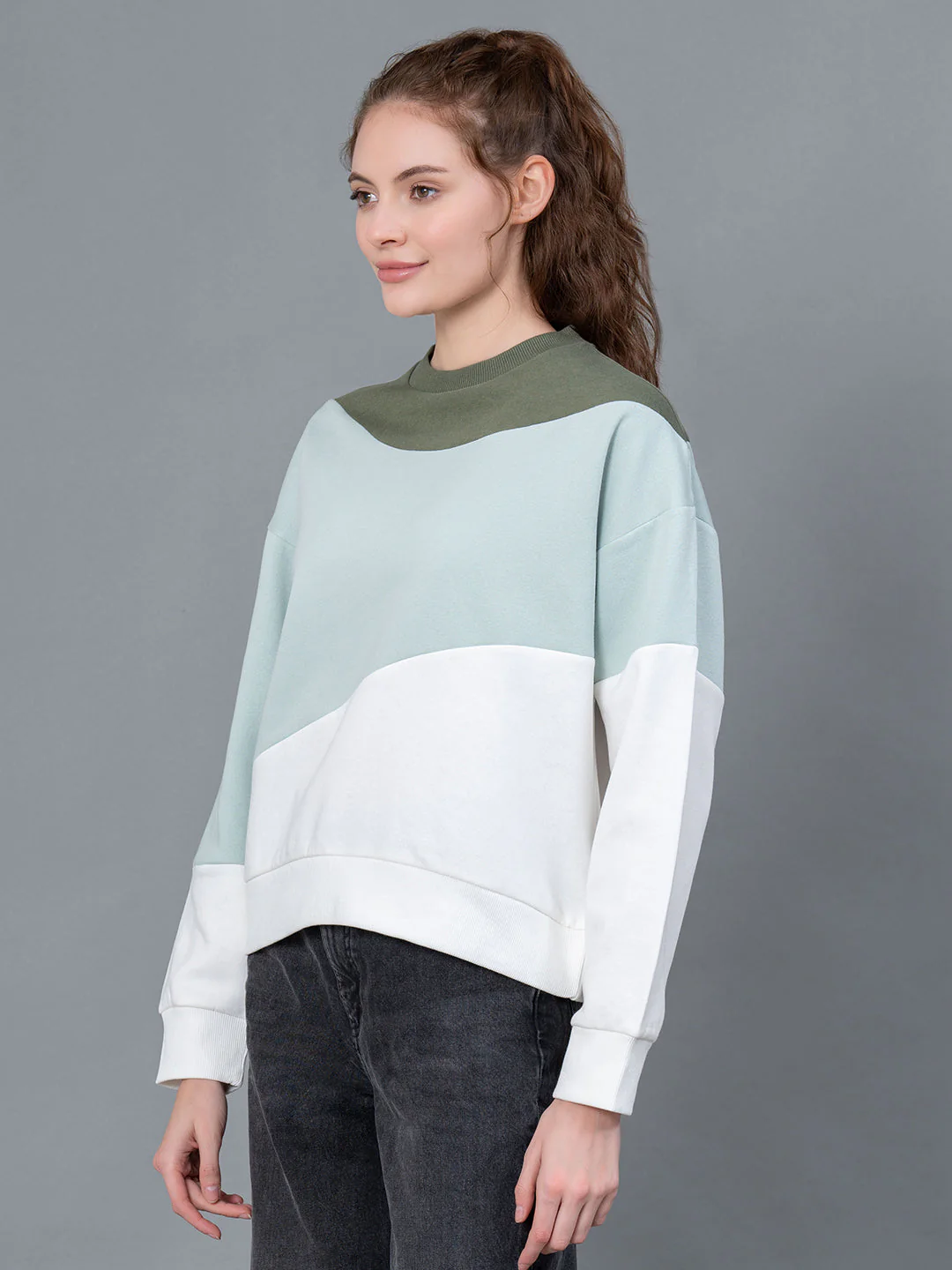 Dark Olive Color Blocked Cotton Poly Fleece Women's Sweatshirt - Image 2
