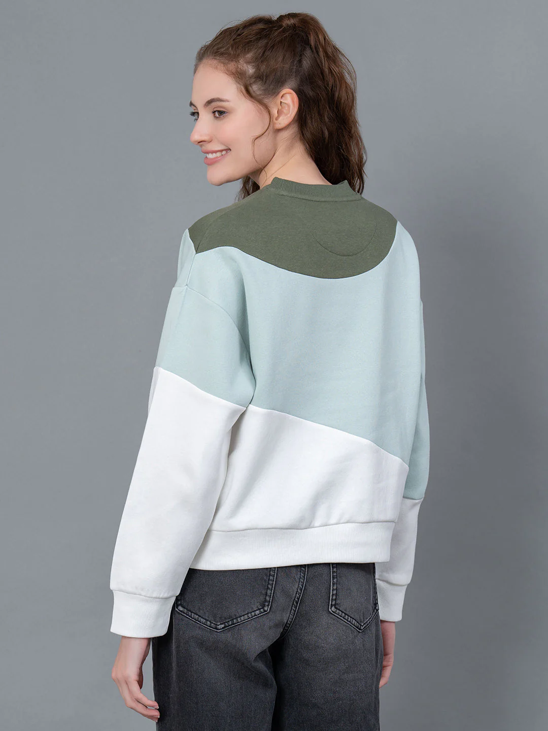 Dark Olive Color Blocked Cotton Poly Fleece Women's Sweatshirt - Image 3