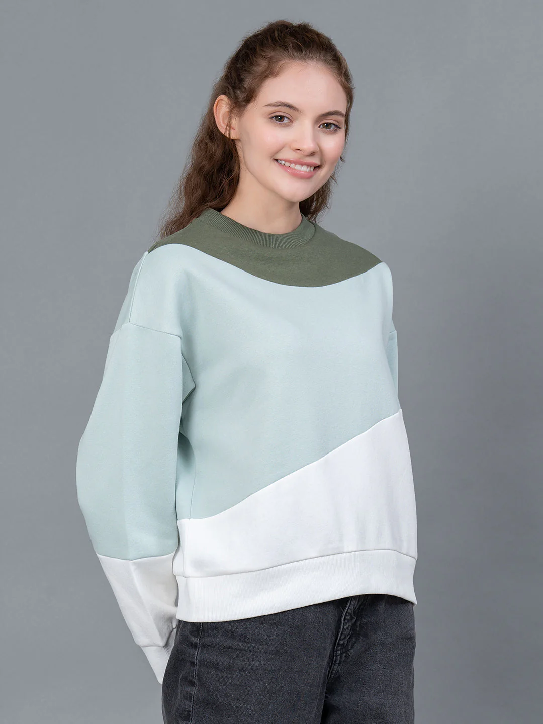 Dark Olive Color Blocked Cotton Poly Fleece Women's Sweatshirt - Image 6